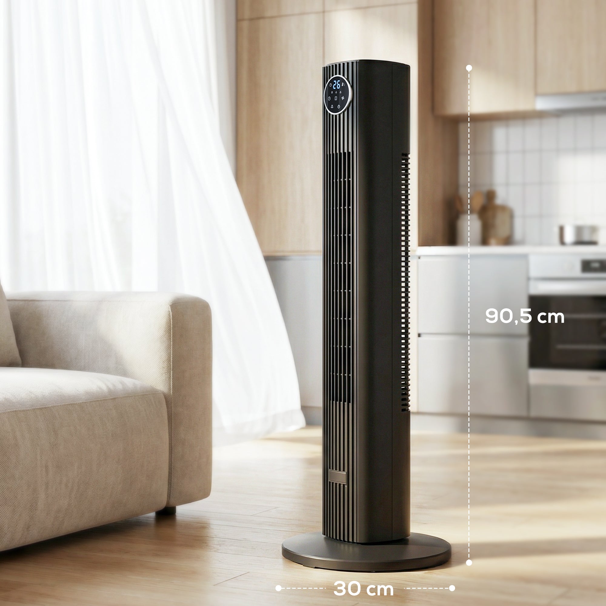 Ventilateur colonne silencieux 28dB, vitesse 8m/s, ventilateur tour pour chambre, 90,5cm de haut, oscillant à 80°, écran LED, télécommande, 12 vitesses, 4 modes, minuterie 12H, noir
