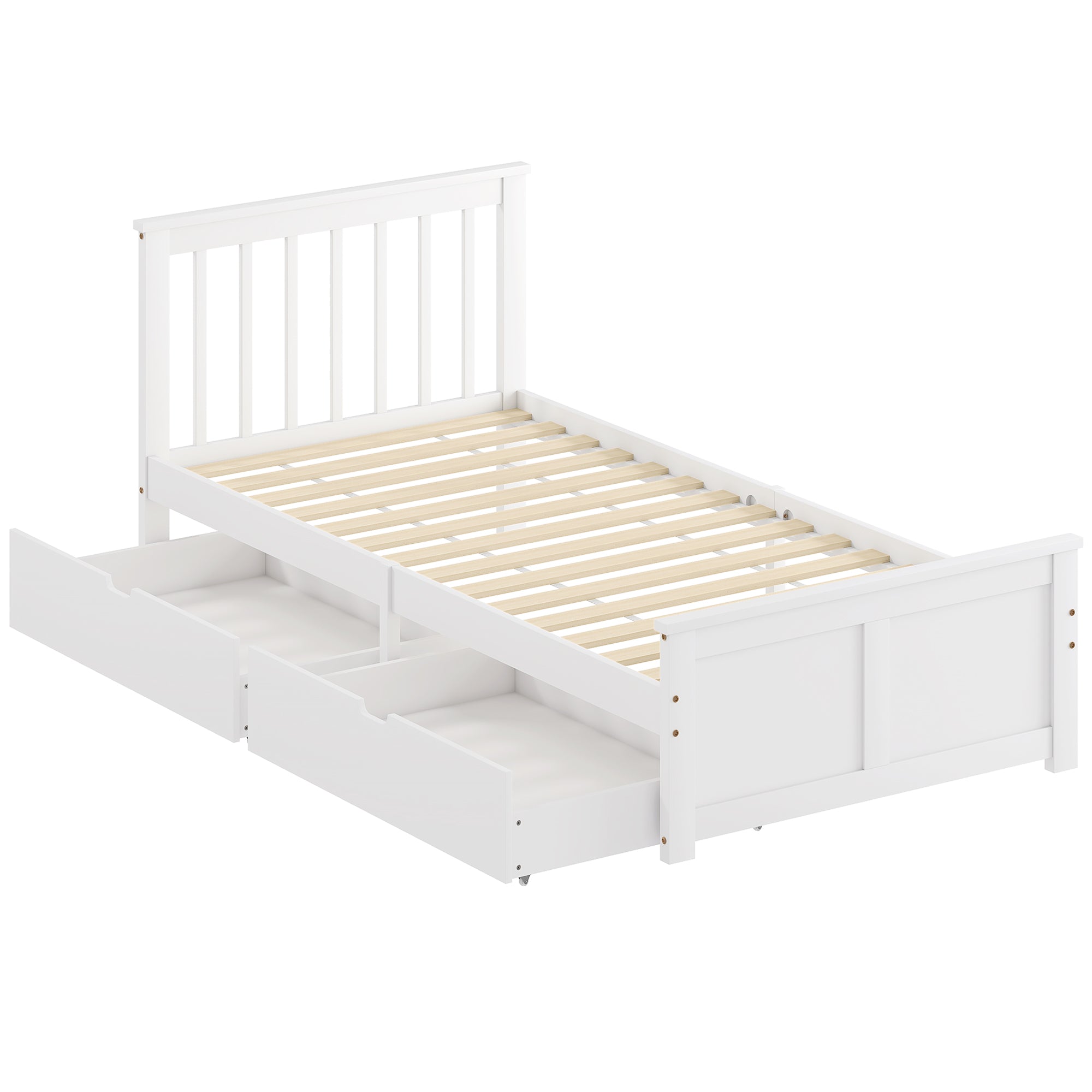 Cadre de Lit 90x190cm en Bois Massif,  Lit Coffre avec 2 Tiroirs sur Roulettes, Tête de Lit, Pied de Lit, Sommier à Lattes, Sans Bruit, Blanc