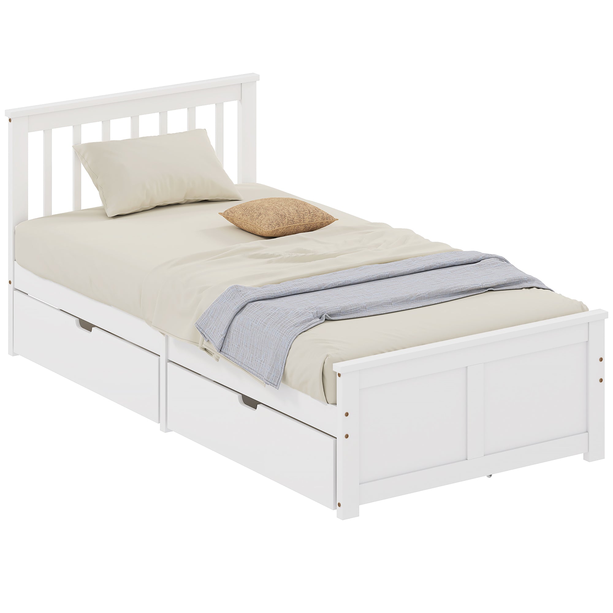 Cadre de Lit 90x190cm en Bois Massif,  Lit Coffre avec 2 Tiroirs sur Roulettes, Tête de Lit, Pied de Lit, Sommier à Lattes, Sans Bruit, Blanc