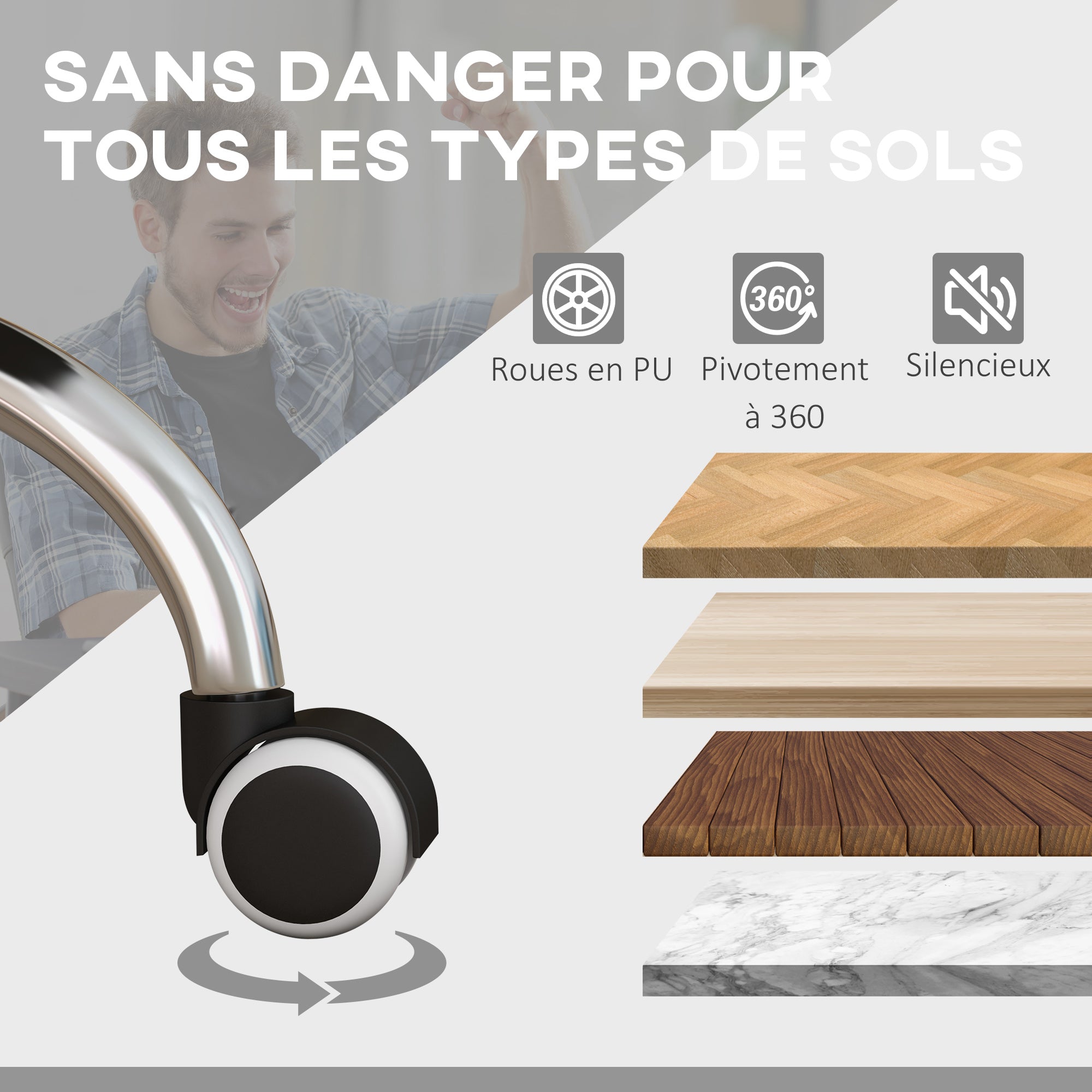 Fauteuil de bureau massant et chauffant chaise pour ordinateur inclinable revêtement en velours avec repose-pieds intégré 5 roulettes design moderne gris