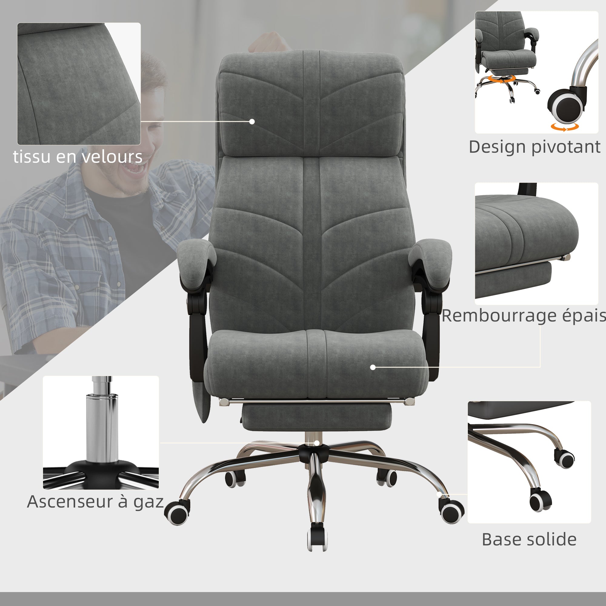Fauteuil de bureau massant et chauffant chaise pour ordinateur inclinable revêtement en velours avec repose-pieds intégré 5 roulettes design moderne gris