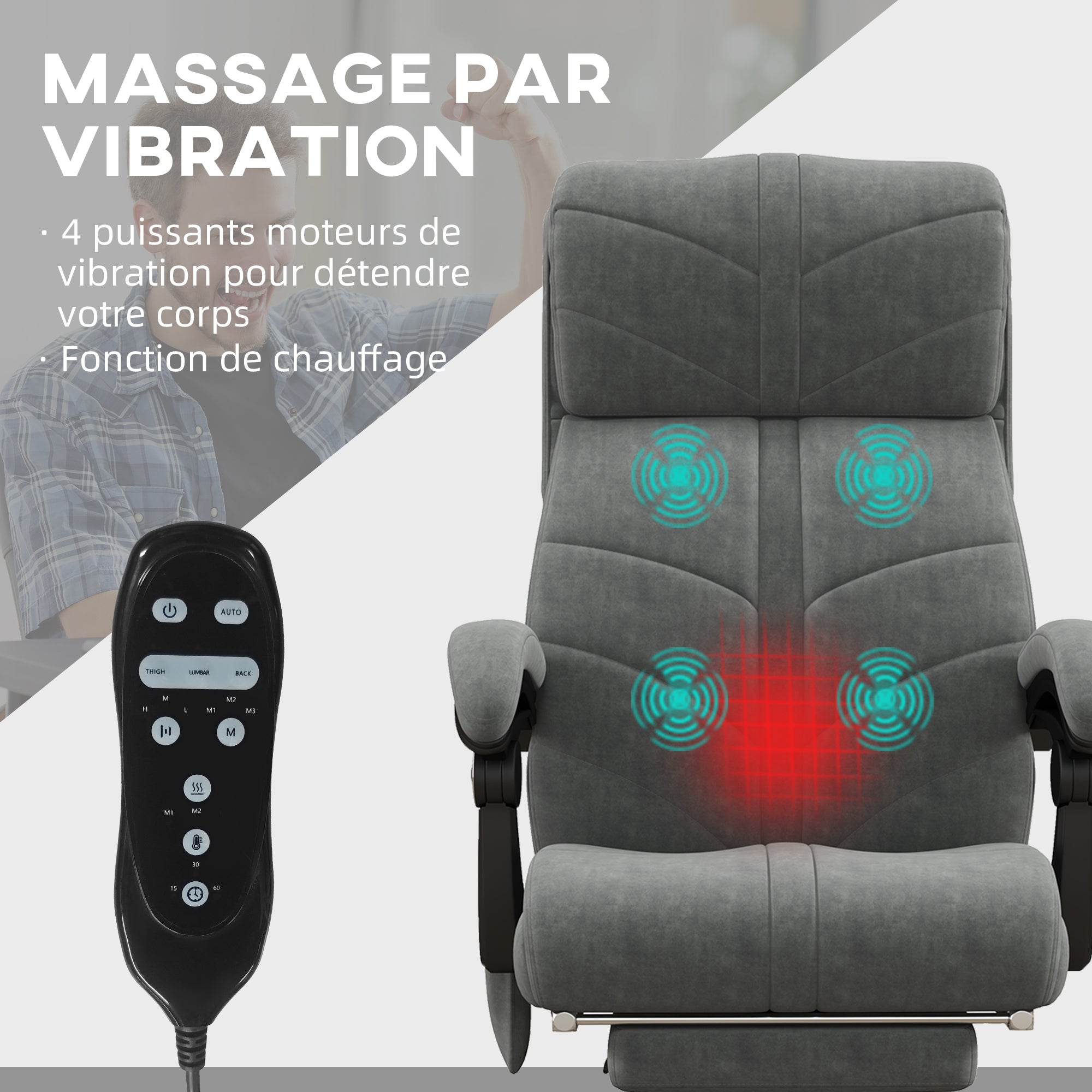 Fauteuil de bureau massant et chauffant chaise pour ordinateur inclinable revêtement en velours avec repose-pieds intégré 5 roulettes design moderne gris