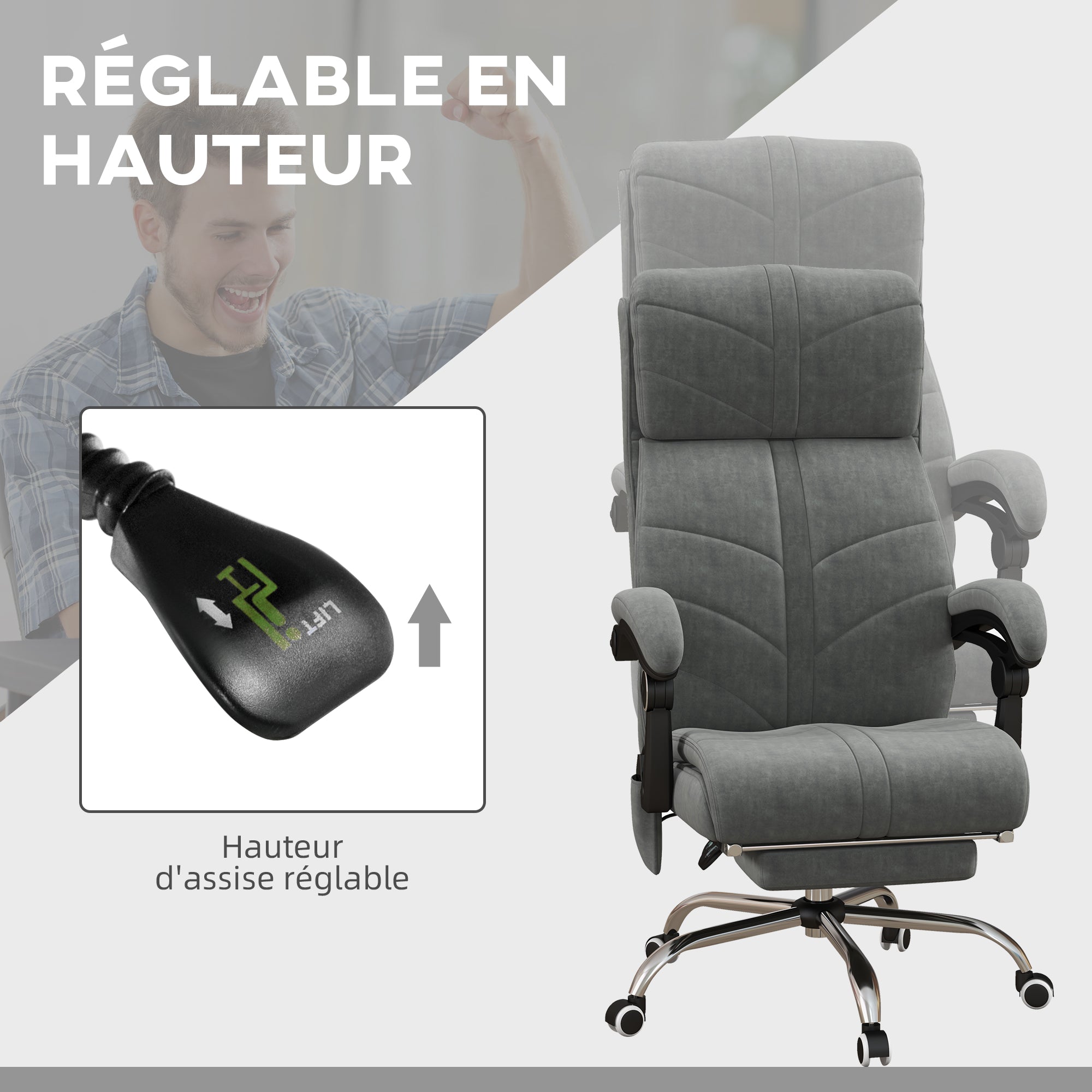Fauteuil de bureau massant et chauffant chaise pour ordinateur inclinable revêtement en velours avec repose-pieds intégré 5 roulettes design moderne gris