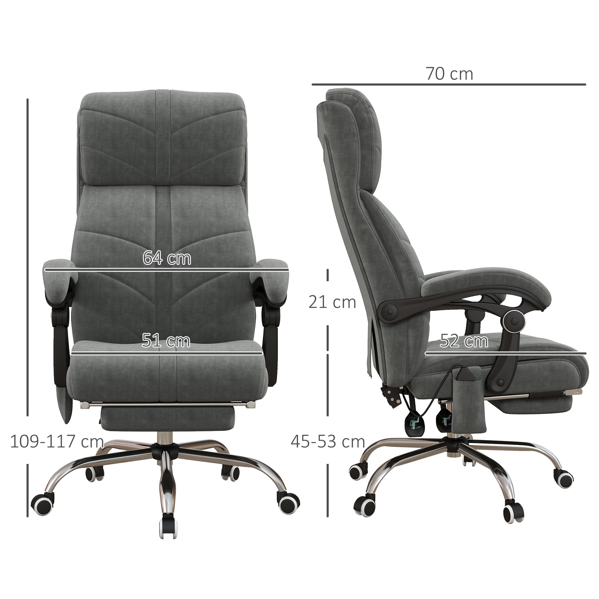 Fauteuil de bureau massant et chauffant chaise pour ordinateur inclinable revêtement en velours avec repose-pieds intégré 5 roulettes design moderne gris