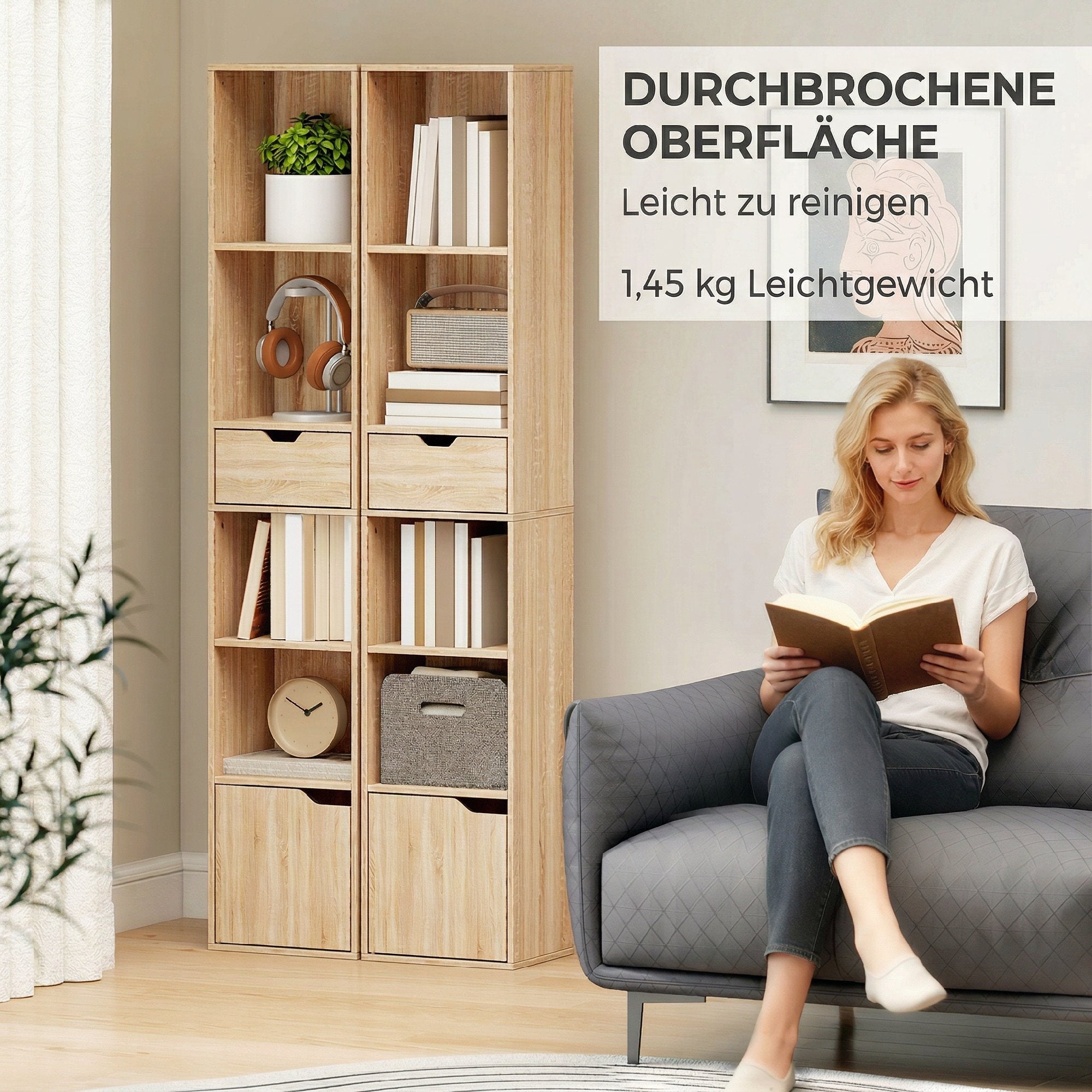 Bibliothèque, étagère à livres, meuble de rangement avec tiroir, placard et compartiments ouvertes, étagère de rangement pour salon, chambre bureau, 30 x 24 x 158 cm, bois naturel