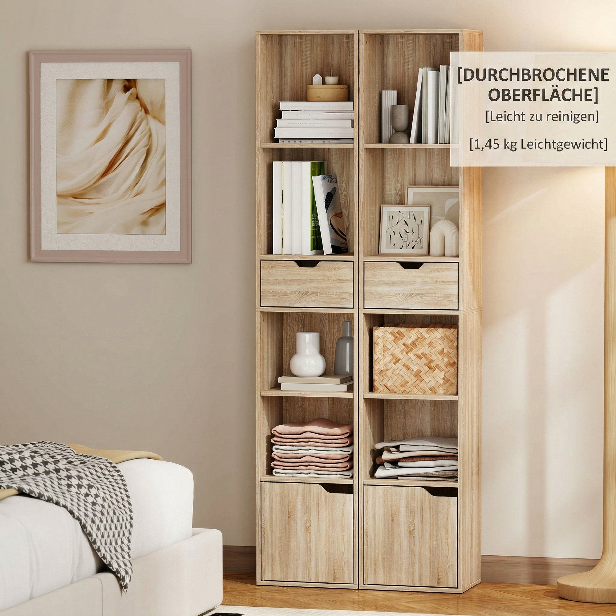 Bibliothèque, étagère à livres, meuble de rangement avec tiroir, placard et compartiments ouvertes, étagère de rangement pour salon, chambre bureau, 30 x 24 x 158 cm, bois naturel