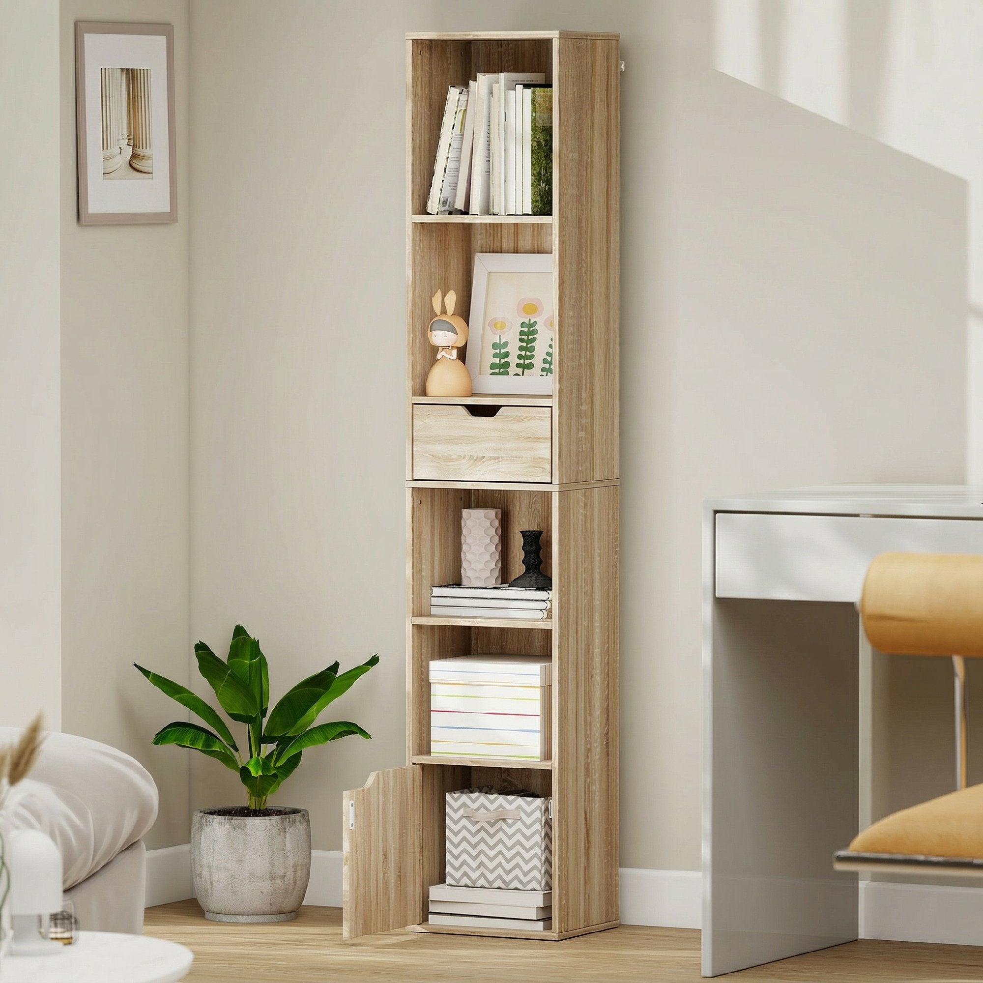 Bibliothèque, étagère à livres, meuble de rangement avec tiroir, placard et compartiments ouvertes, étagère de rangement pour salon, chambre bureau, 30 x 24 x 158 cm, bois naturel