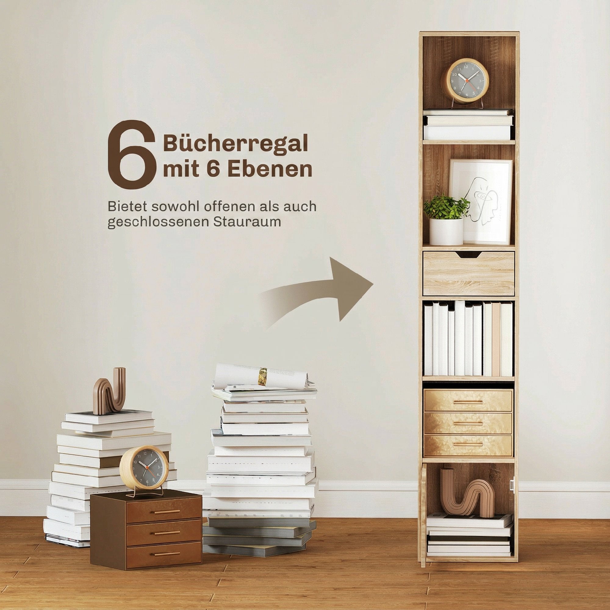 Bibliothèque, étagère à livres, meuble de rangement avec tiroir, placard et compartiments ouvertes, étagère de rangement pour salon, chambre bureau, 30 x 24 x 158 cm, bois naturel