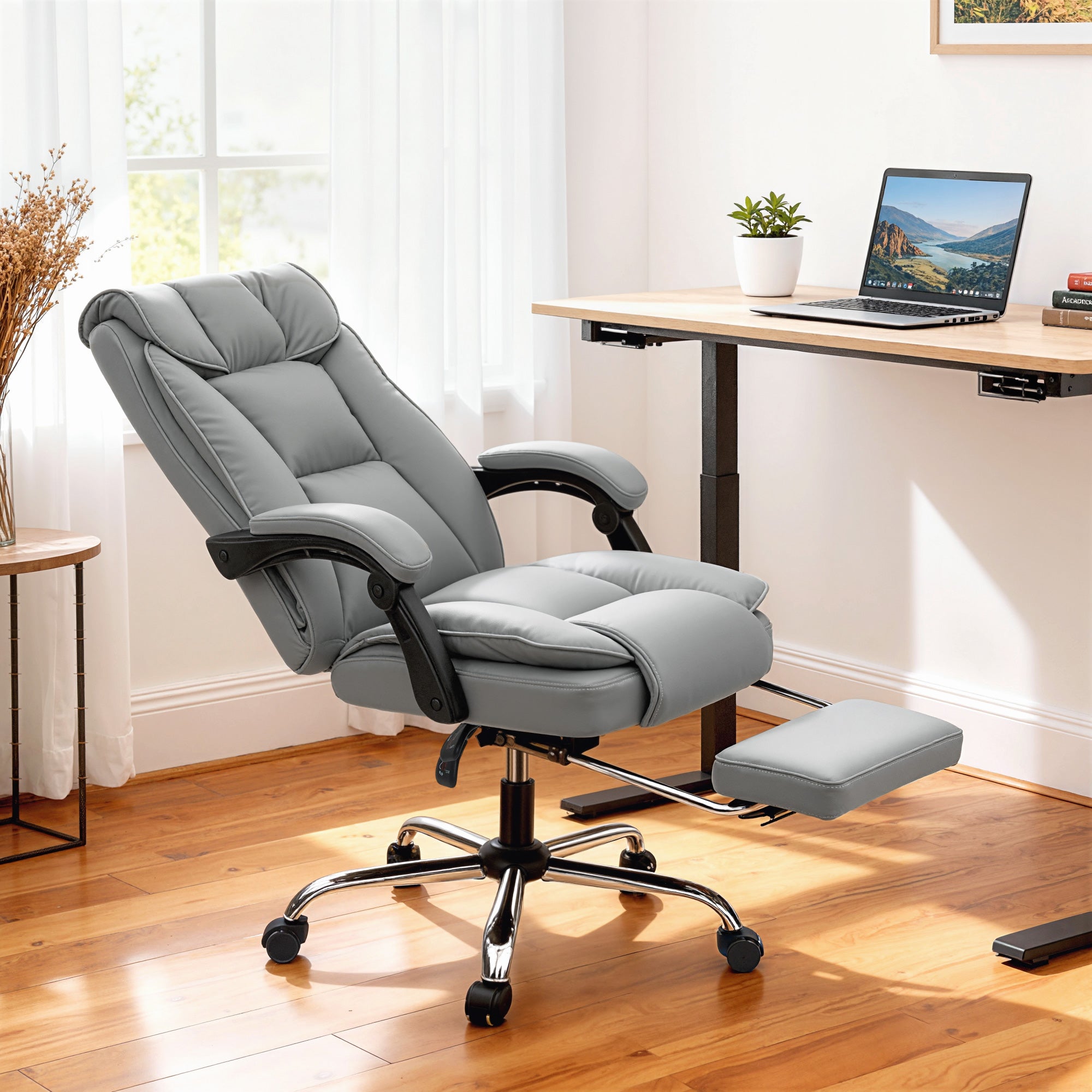 Chaise de Bureau Ergonomique, Fauteuil de Bureau Inclinable avec Repose-Pieds, Hauteur Réglable, Rembourrage Double Couche, Pivotante 360°, Revêtement Synthétique Résistant pour Animaux, Gris