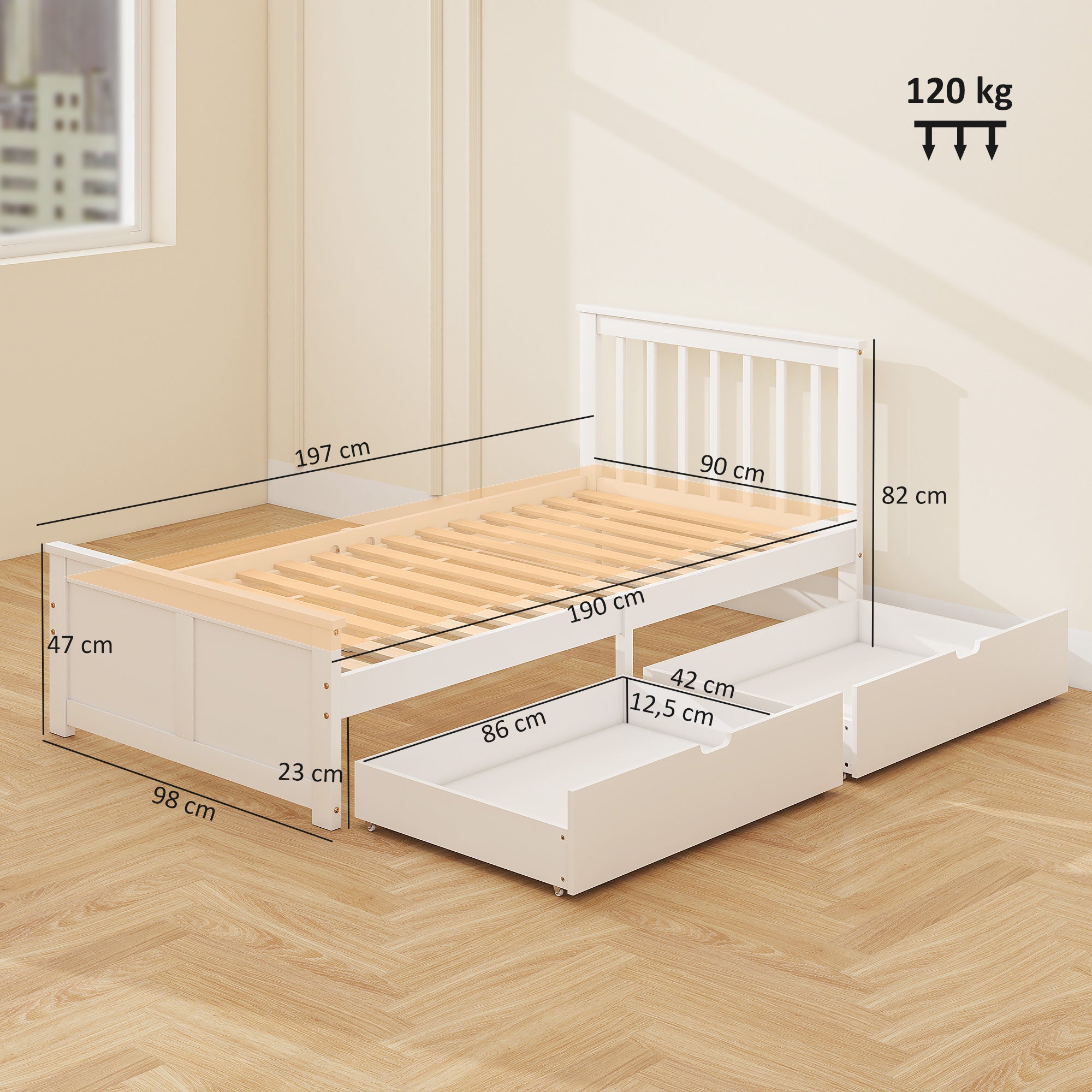 Cadre de Lit 90x190cm en Bois Massif,  Lit Coffre avec 2 Tiroirs sur Roulettes, Tête de Lit, Pied de Lit, Sommier à Lattes, Sans Bruit, Blanc
