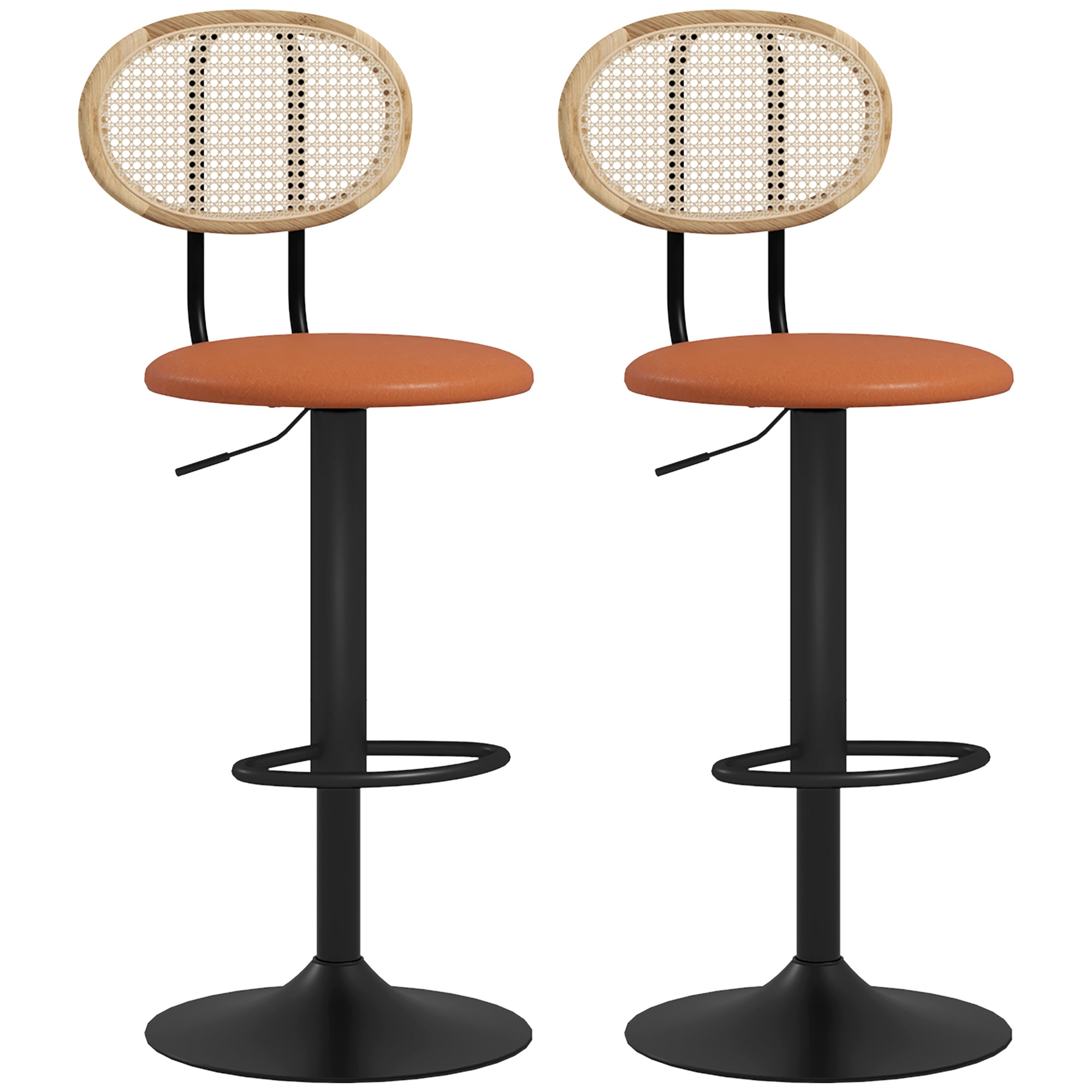 Lot de 2 tabourets de bar chaises de bar hauteur réglable avec dossier en rotin et repose-pieds, tabouret haut moderne, structure bois revêtement synthétique marron