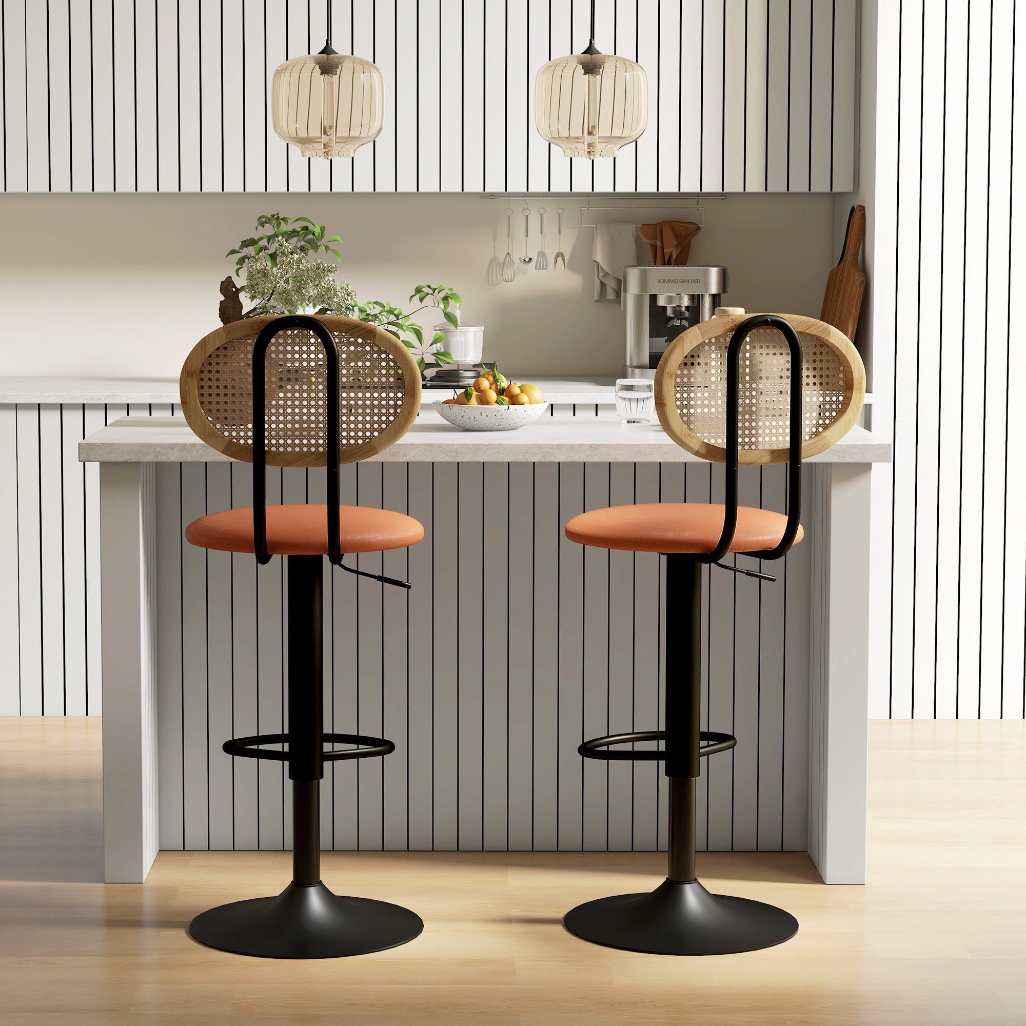 Lot de 2 tabourets de bar chaises de bar hauteur réglable avec dossier en rotin et repose-pieds, tabouret haut moderne, structure bois revêtement synthétique marron