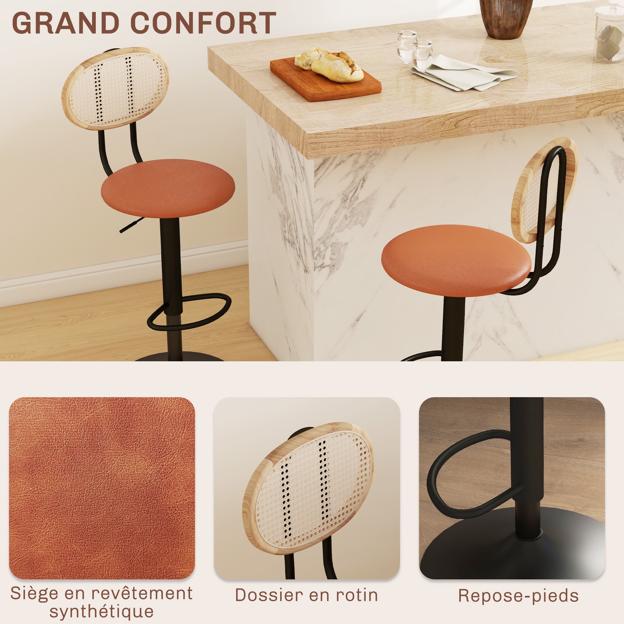 Lot de 2 tabourets de bar chaises de bar hauteur réglable avec dossier en rotin et repose-pieds, tabouret haut moderne, structure bois revêtement synthétique marron