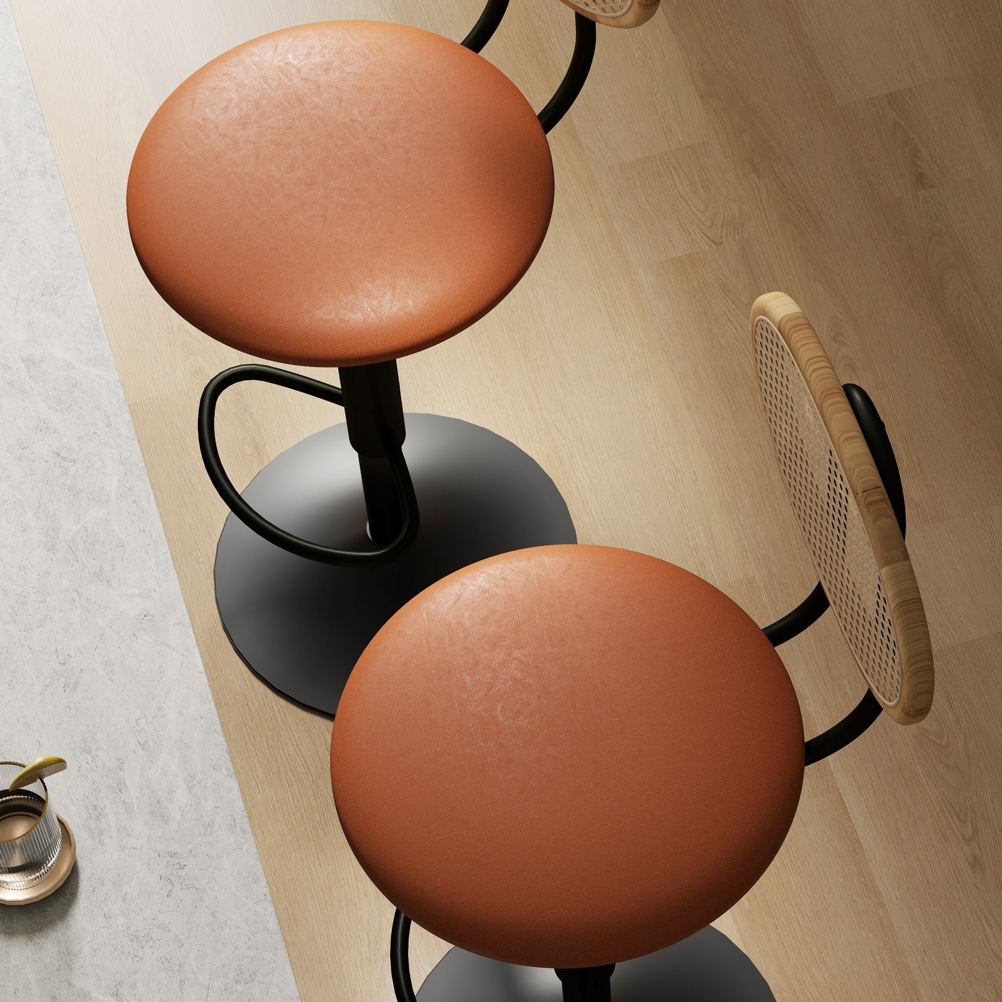 Lot de 2 tabourets de bar chaises de bar hauteur réglable avec dossier en rotin et repose-pieds, tabouret haut moderne, structure bois revêtement synthétique marron