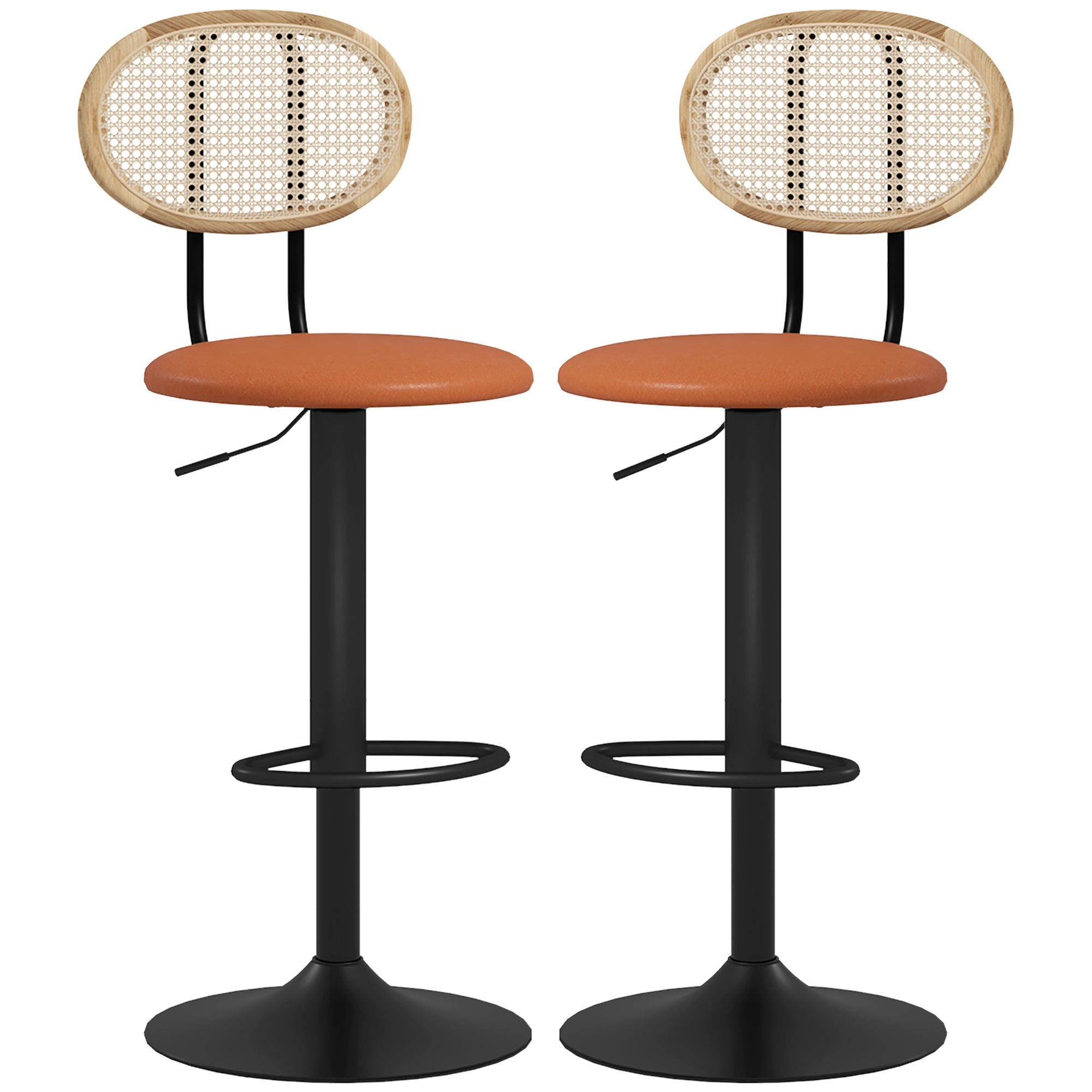 Lot de 2 tabourets de bar chaises de bar hauteur réglable avec dossier en rotin et repose-pieds, tabouret haut moderne, structure bois revêtement synthétique marron