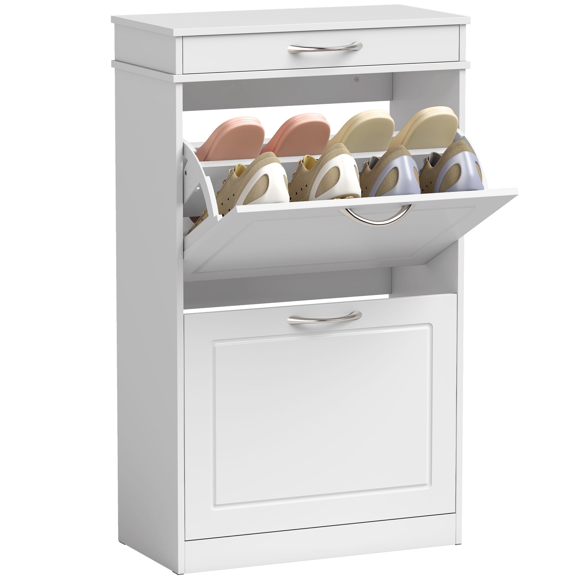 Meuble chaussure 8 paires, armoire à chaussures étroit avec tiroir et 2 portes abattants et étagère réglable, meuble d'entrée et couloir, 53 x 26,5 x 89 cm, blanc
