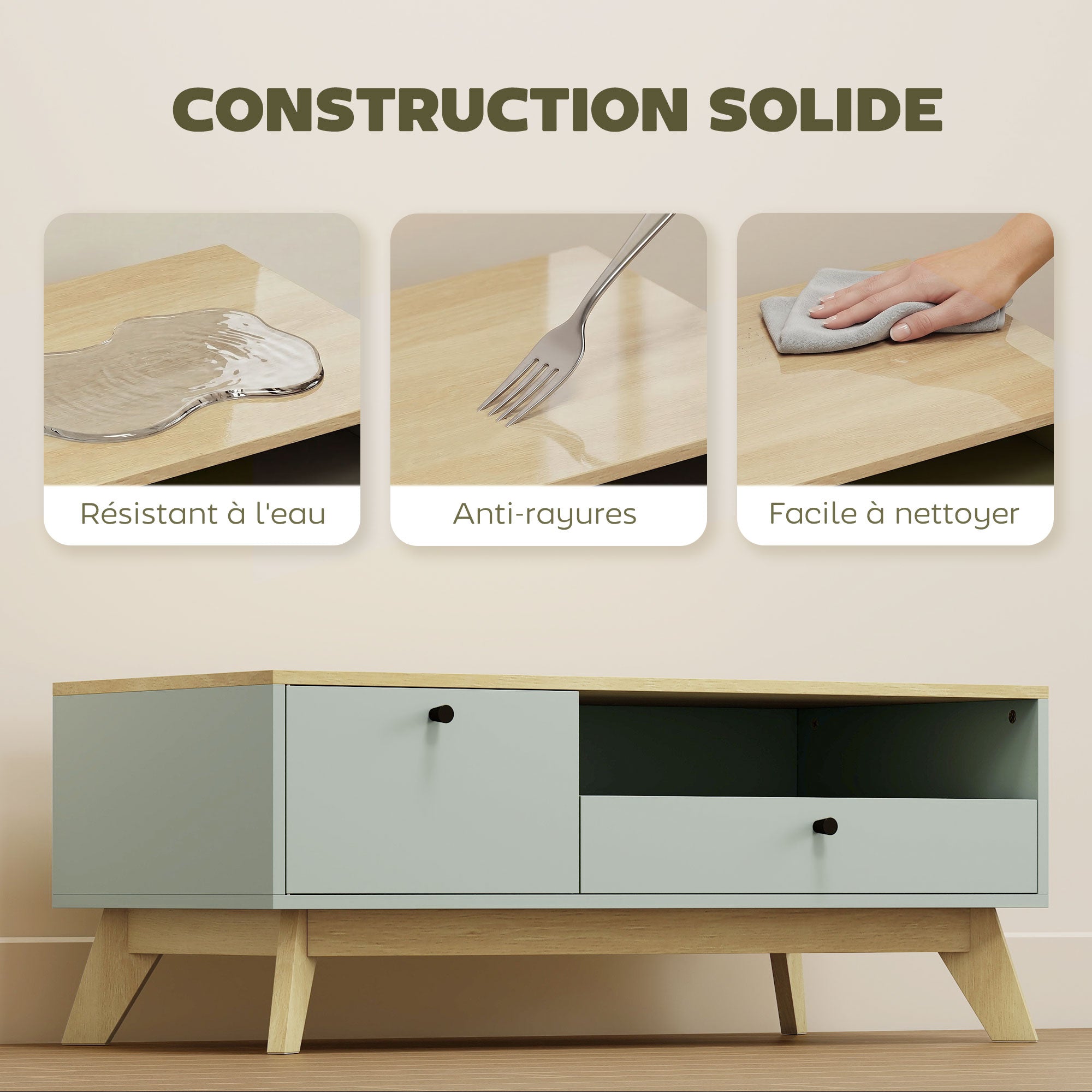Table basse de salon, table d'appoint rectangulaire avec tiroir, porte et compartiment ouvert, style moderne, pour chambre, séjour et bureau, 100 x 50 x 40 cm, vert clair et chêne