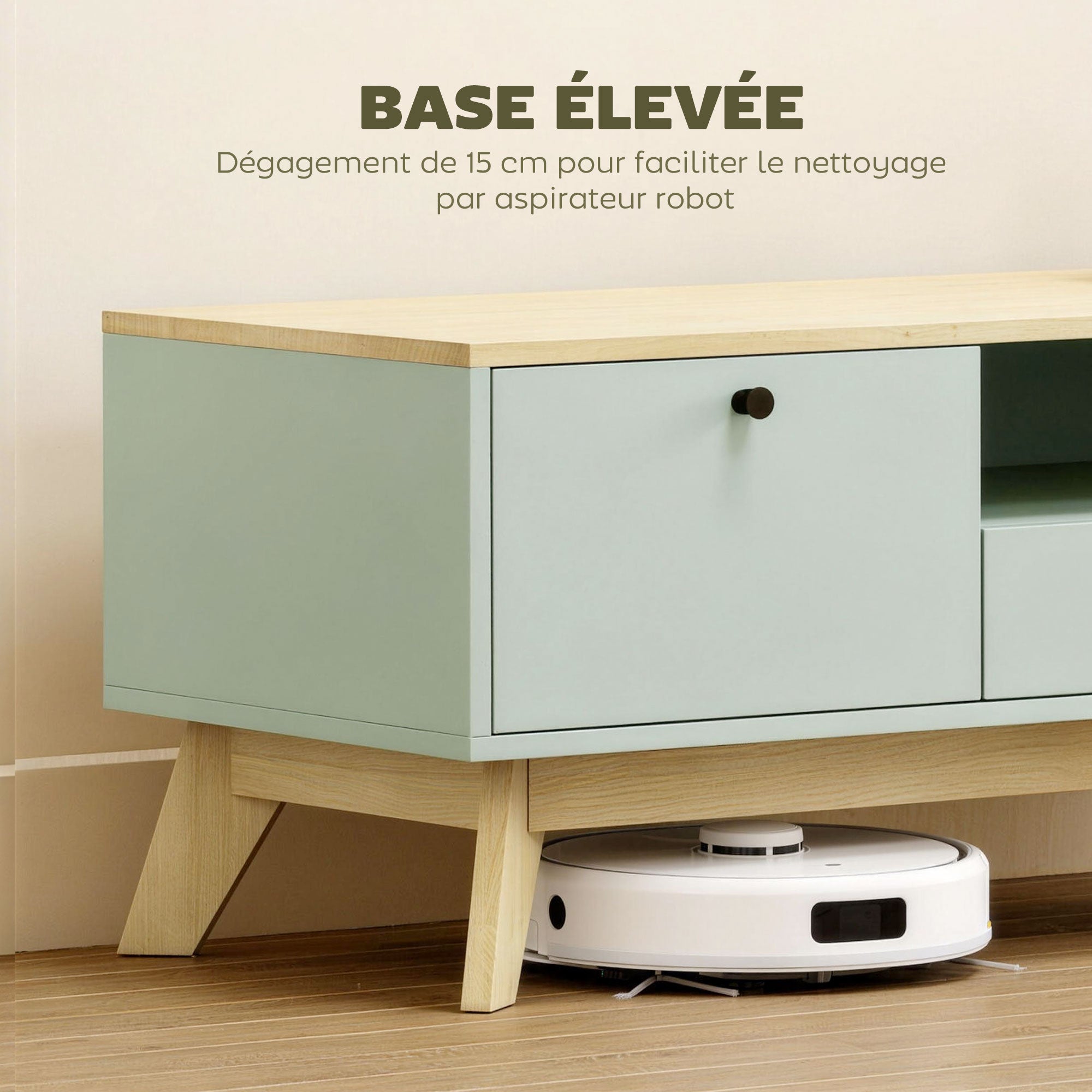 Table basse de salon, table d'appoint rectangulaire avec tiroir, porte et compartiment ouvert, style moderne, pour chambre, séjour et bureau, 100 x 50 x 40 cm, vert clair et chêne
