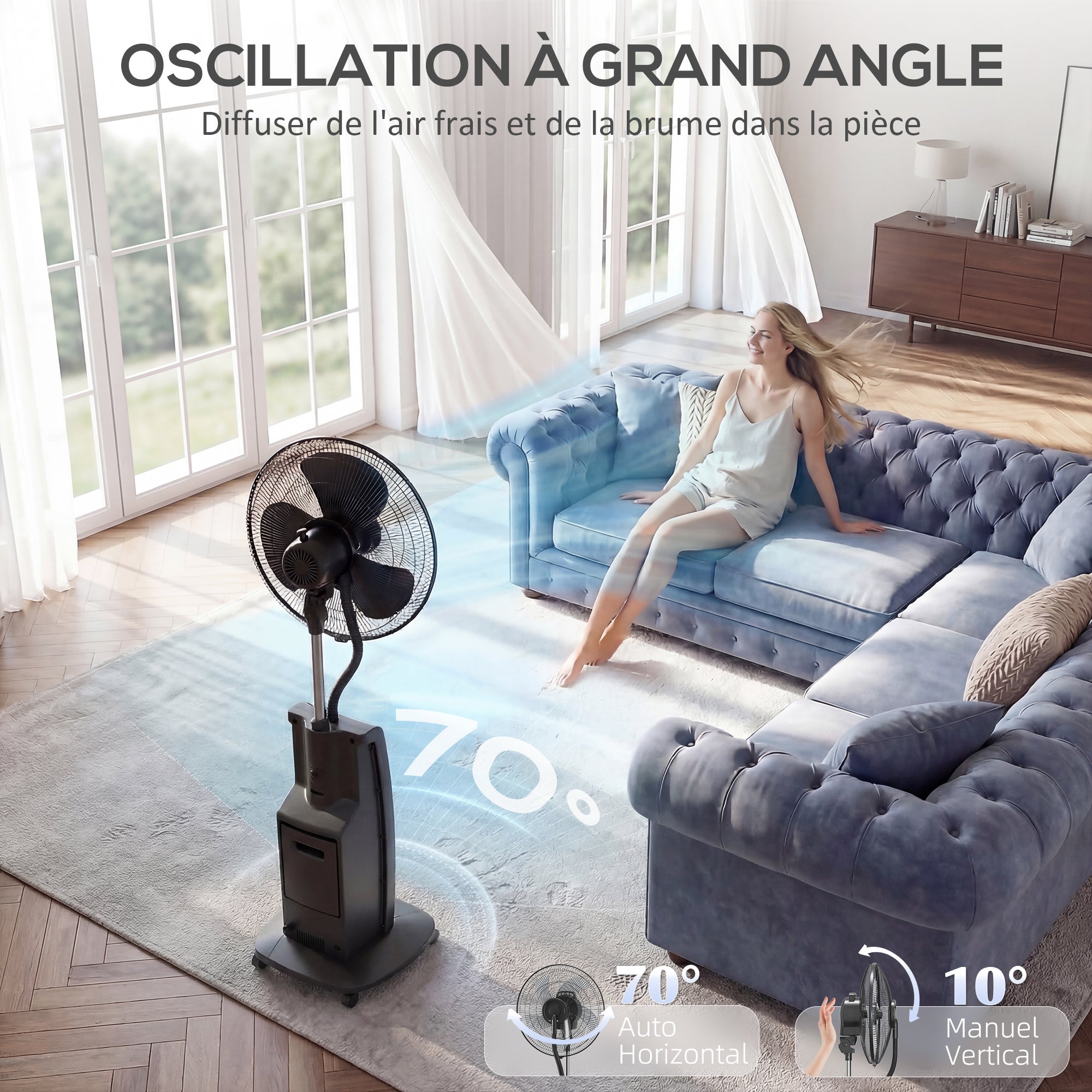 Ventilateur brumisateur silencieux 90W, ventilateur sur pied 138cm, oscillation 70°, 3 vitesses, 3 modes, ionisation négative, antimoustique, réservoir d'eau 3,1L, télécommande et minuterie 12h