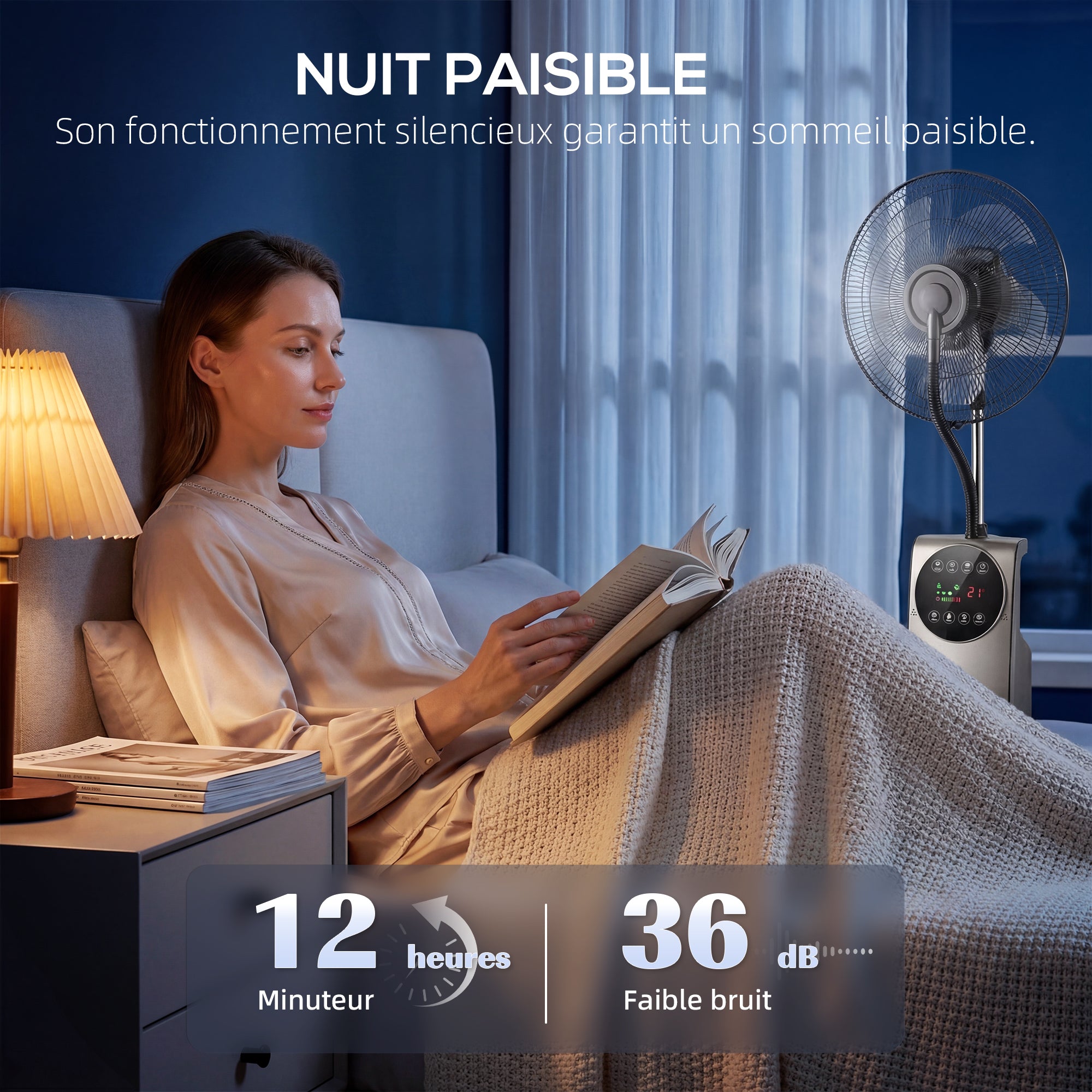 Ventilateur brumisateur silencieux 90W, ventilateur sur pied 138cm, oscillation 70°, 3 vitesses, 3 modes, ionisation négative, antimoustique, réservoir d'eau 3,1L, télécommande et minuterie 12h