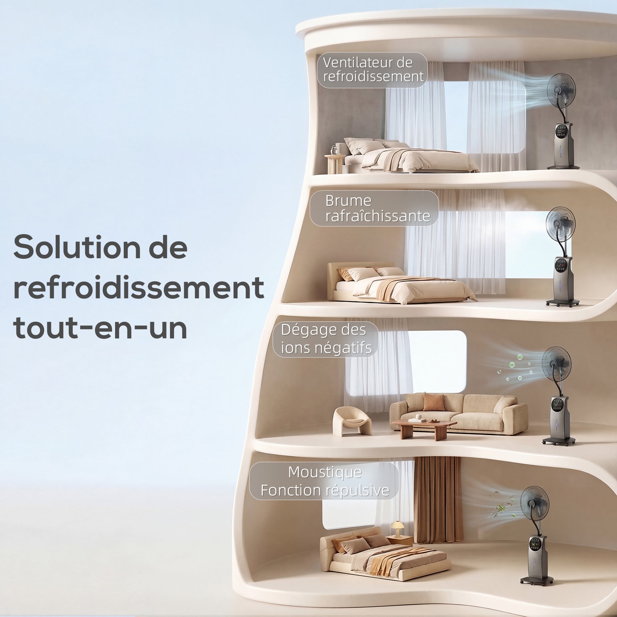 Ventilateur brumisateur silencieux 90W, ventilateur sur pied 138cm, oscillation 70°, 3 vitesses, 3 modes, ionisation négative, antimoustique, réservoir d'eau 3,1L, télécommande et minuterie 12h