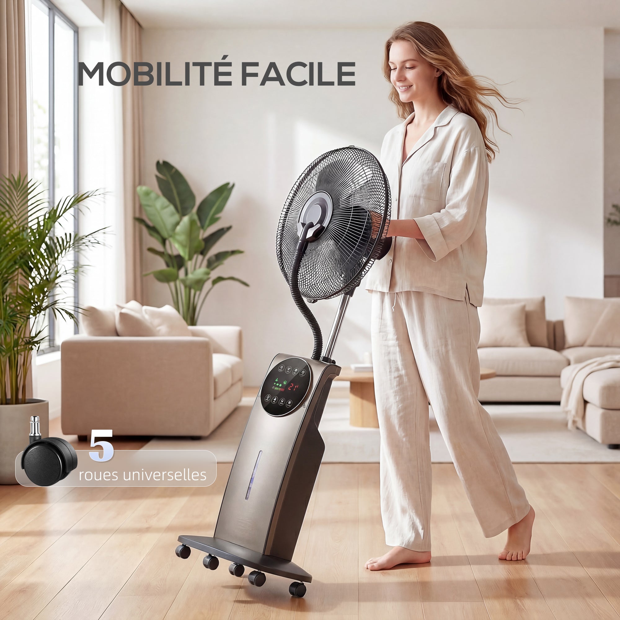 Ventilateur brumisateur silencieux 90W, ventilateur sur pied 138cm, oscillation 70°, 3 vitesses, 3 modes, ionisation négative, antimoustique, réservoir d'eau 3,1L, télécommande et minuterie 12h