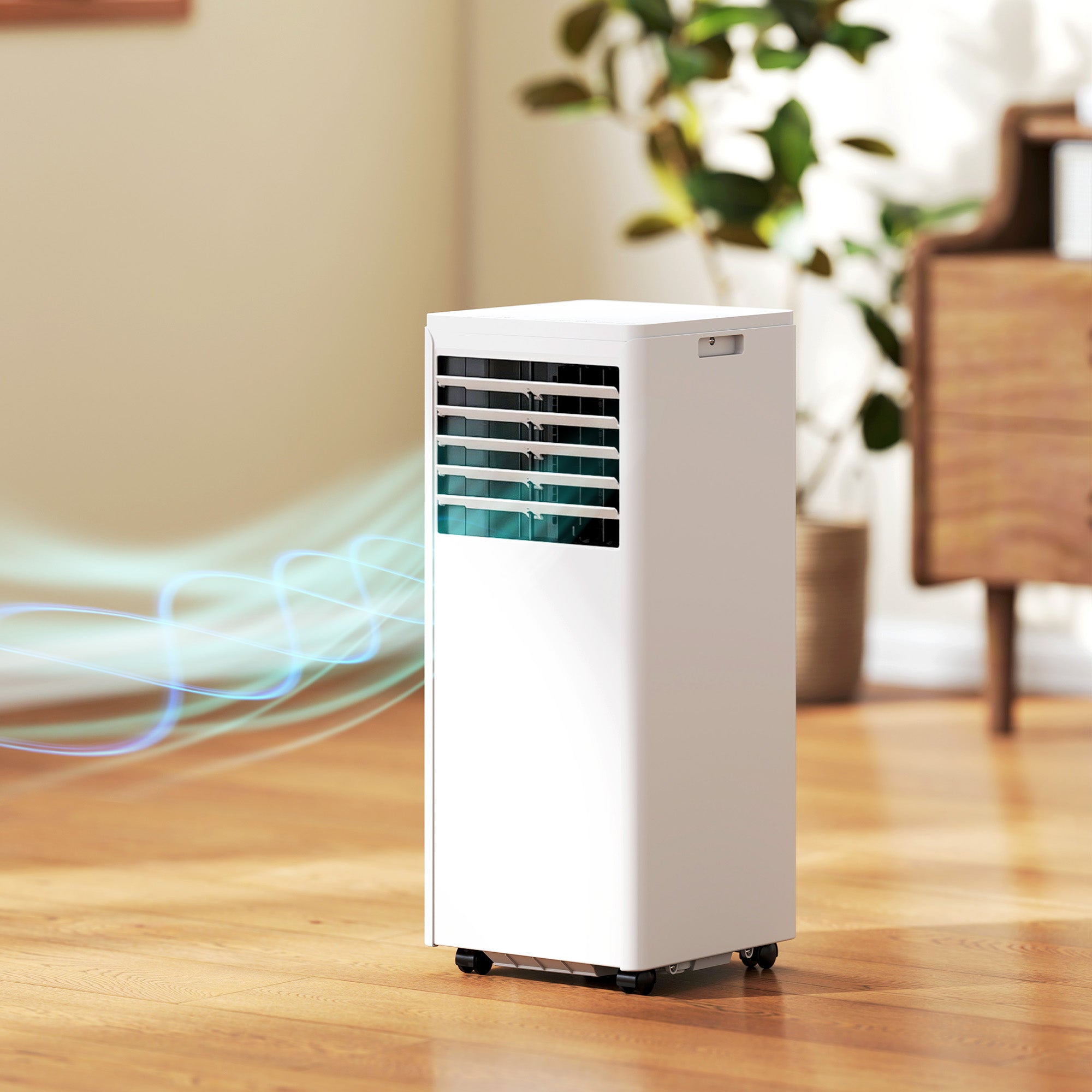 Climatiseur mobile 9000 BTU, climatiseur portable 4 en 1, refroidissement, déshumidificateur, ventilateur, mode nuit, télécommande, minuteur 24H, 2 vitesses, pour pièces 30 m², classe A
