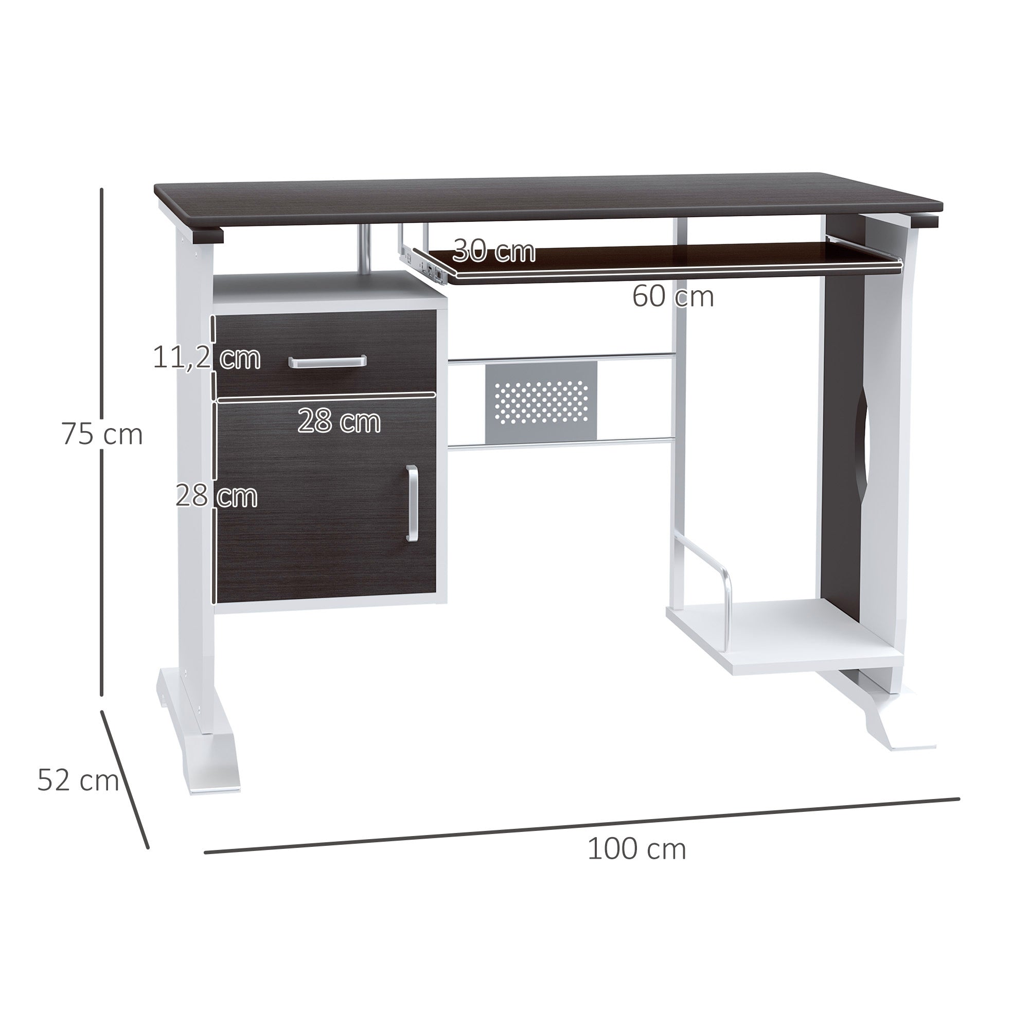 Bureau informatique design 100L x 52l x 75h cm brun noir et blanc