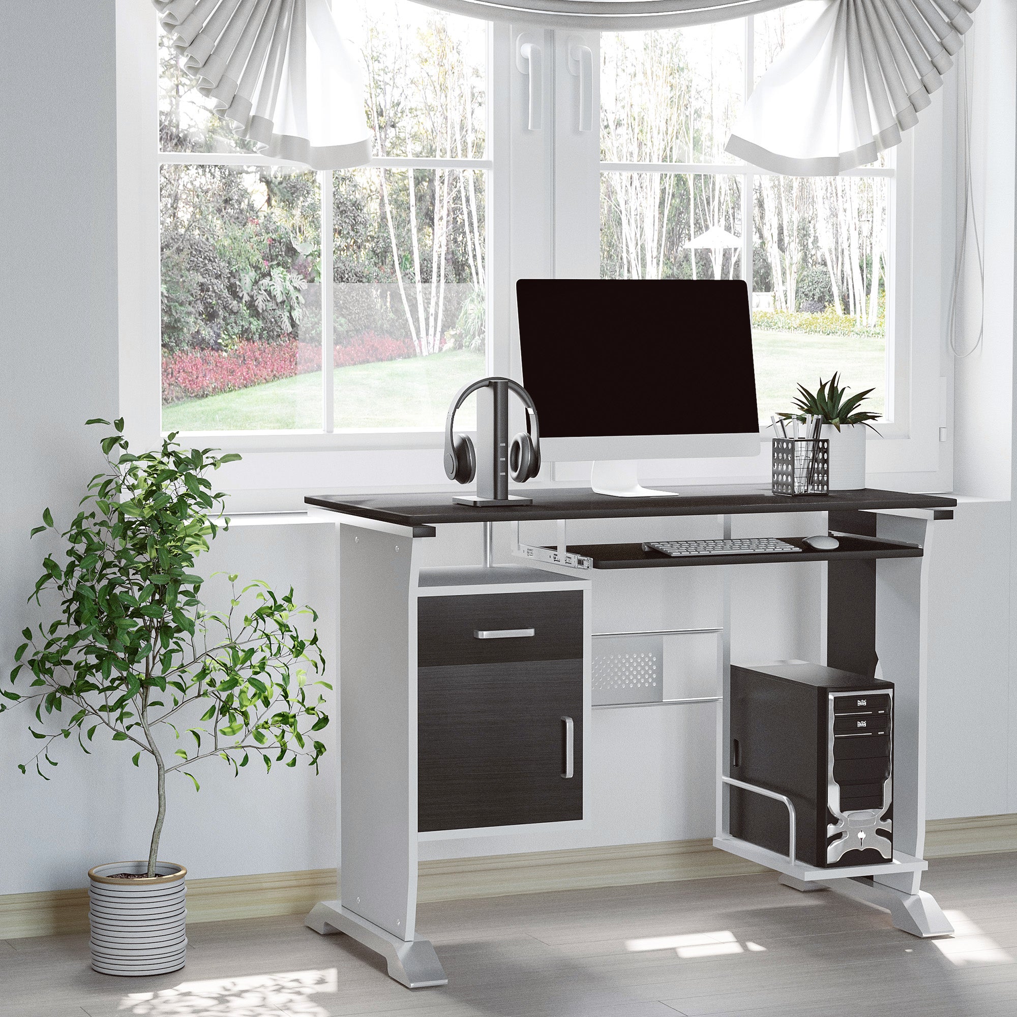 Bureau informatique design 100L x 52l x 75h cm brun noir et blanc