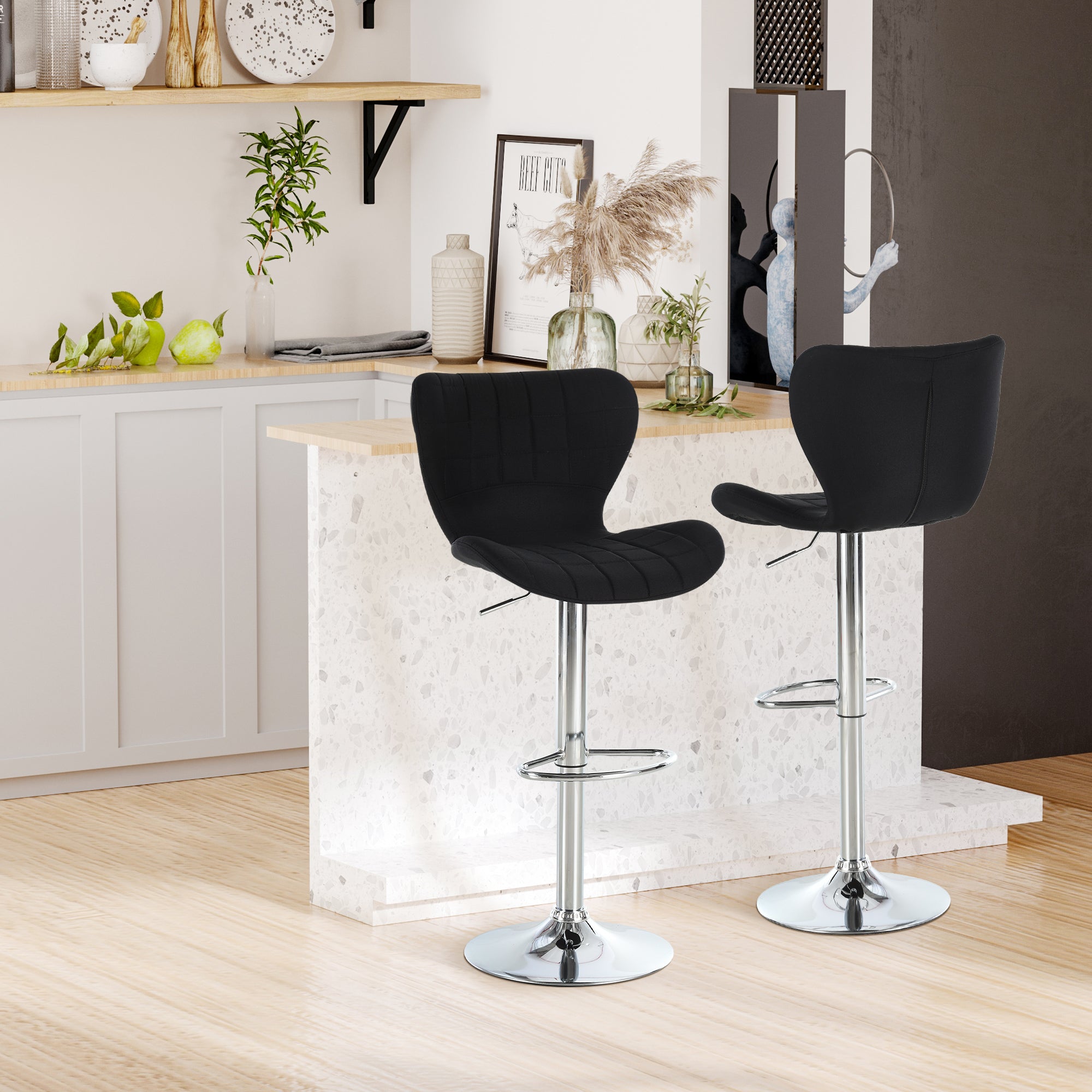 Lot de 2 Tabourets de Bar Design Contemporain Hauteur d'assise réglable 59-81 cm pivotant 360° Lin Noir