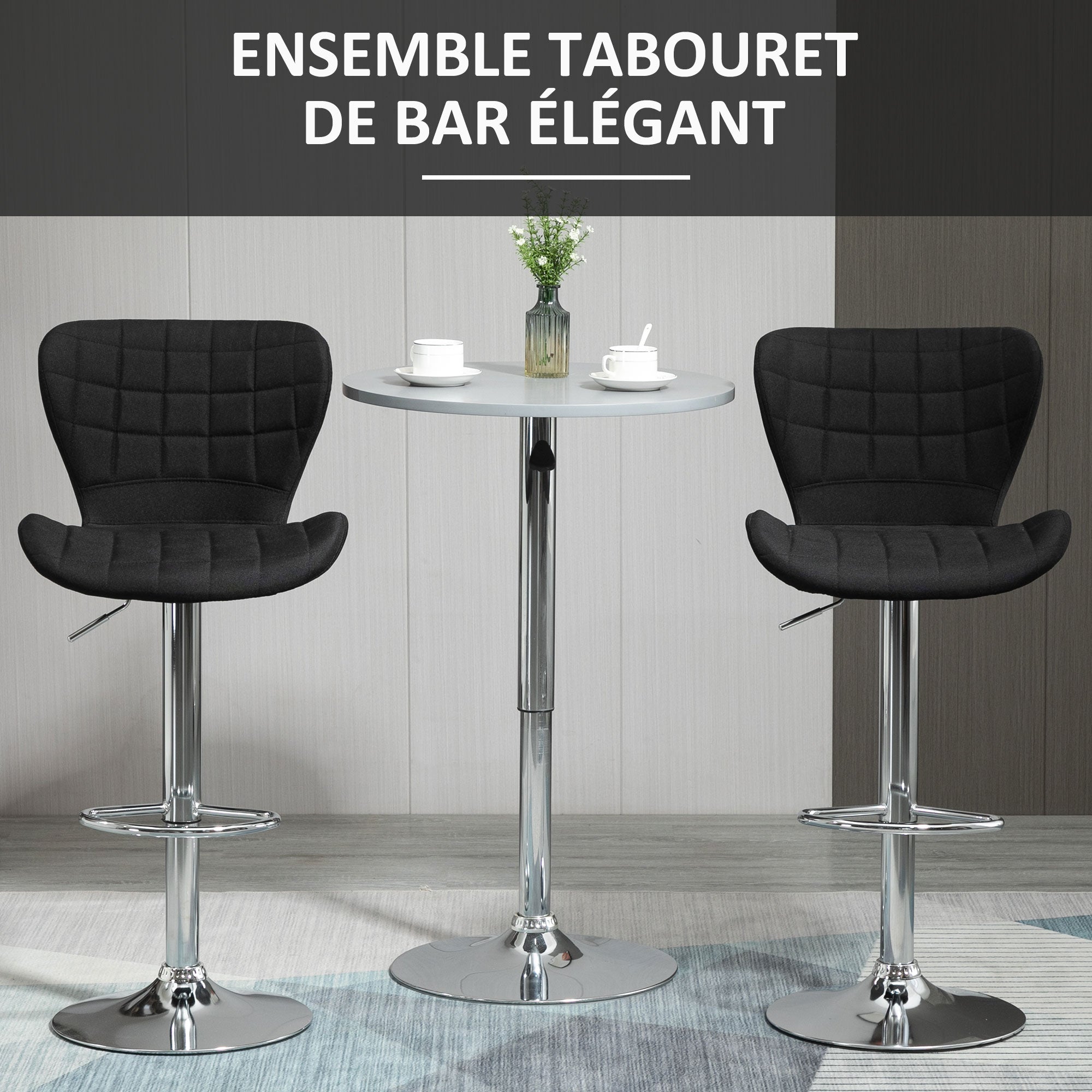 Lot de 2 Tabourets de Bar Design Contemporain Hauteur d'assise réglable 59-81 cm pivotant 360° Lin Noir