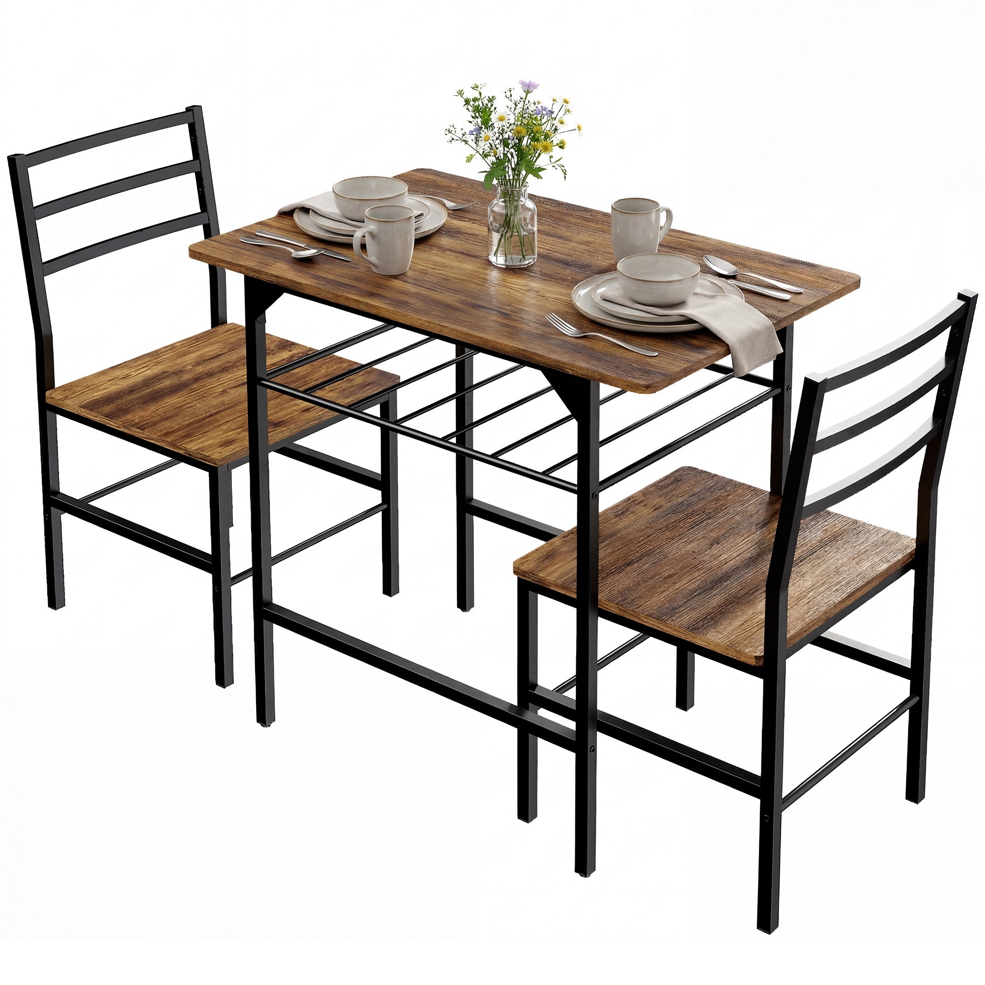 Ensemble table salle à manger avec 2 chaises, table de cuisine avec chaises pour 2 personnes, étagère de rangement, cadre en métal, style industriel, pour petit espace, brun rustique