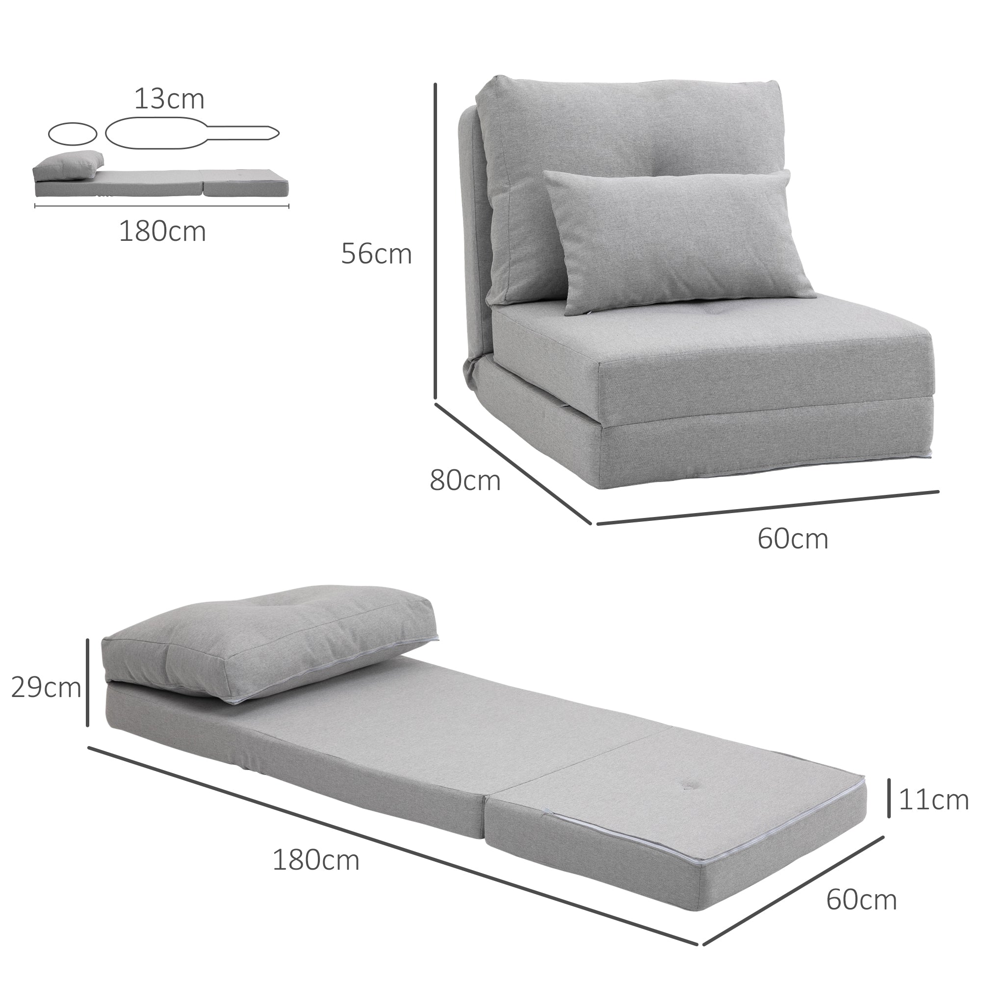 Fauteuil convertible 1 place fauteuil paresseux lit chauffeuse 1 place - coussin inclus, dossier réglable - salon, charge 120 kg, tissu lin gris clair
