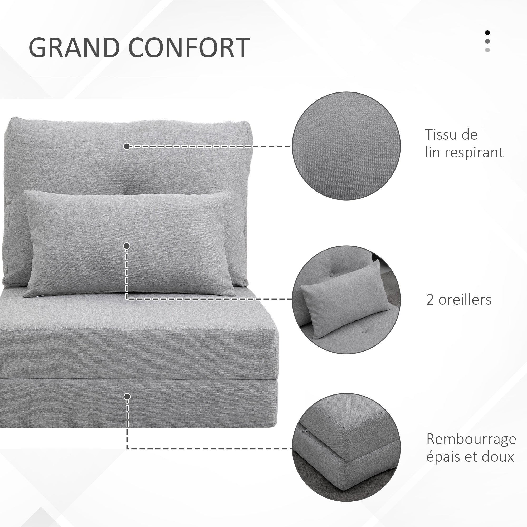 Fauteuil convertible 1 place fauteuil paresseux lit chauffeuse 1 place - coussin inclus, dossier réglable - salon, charge 120 kg, tissu lin gris clair