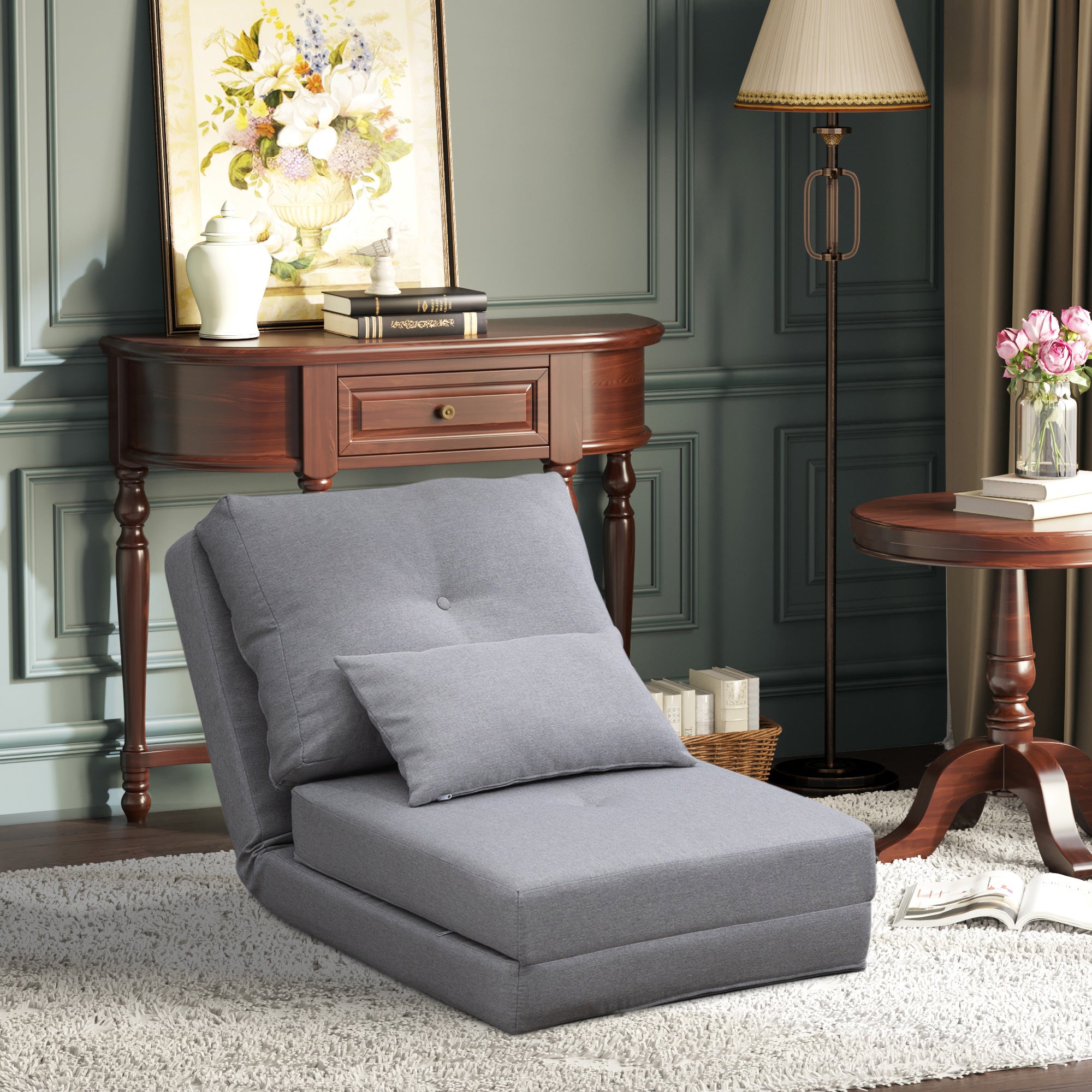Fauteuil convertible 1 place fauteuil paresseux lit chauffeuse 1 place - coussin inclus, dossier réglable - salon, charge 120 kg, tissu lin gris clair