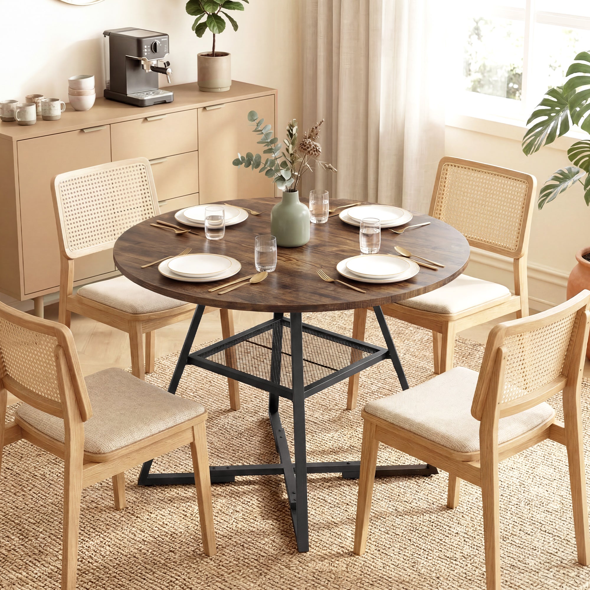 Table à manger ronde pour 4 personnes, Ø 100 x 76 cm, table de cuisine industrielle avec large plateau et étagère de rangement, cadre en métal, brun rustique