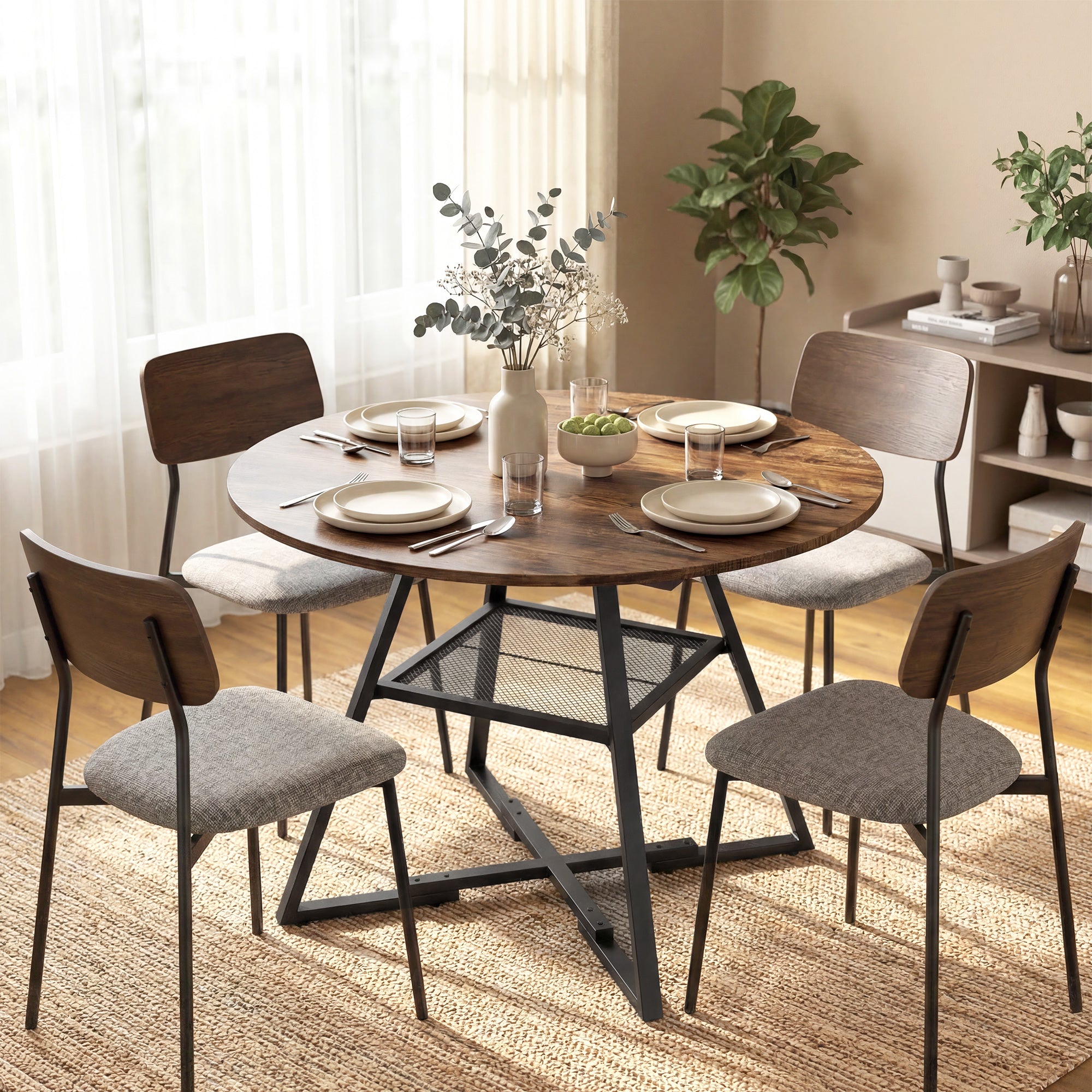 Table à manger ronde pour 4 personnes, Ø 100 x 76 cm, table de cuisine industrielle avec large plateau et étagère de rangement, cadre en métal, brun rustique