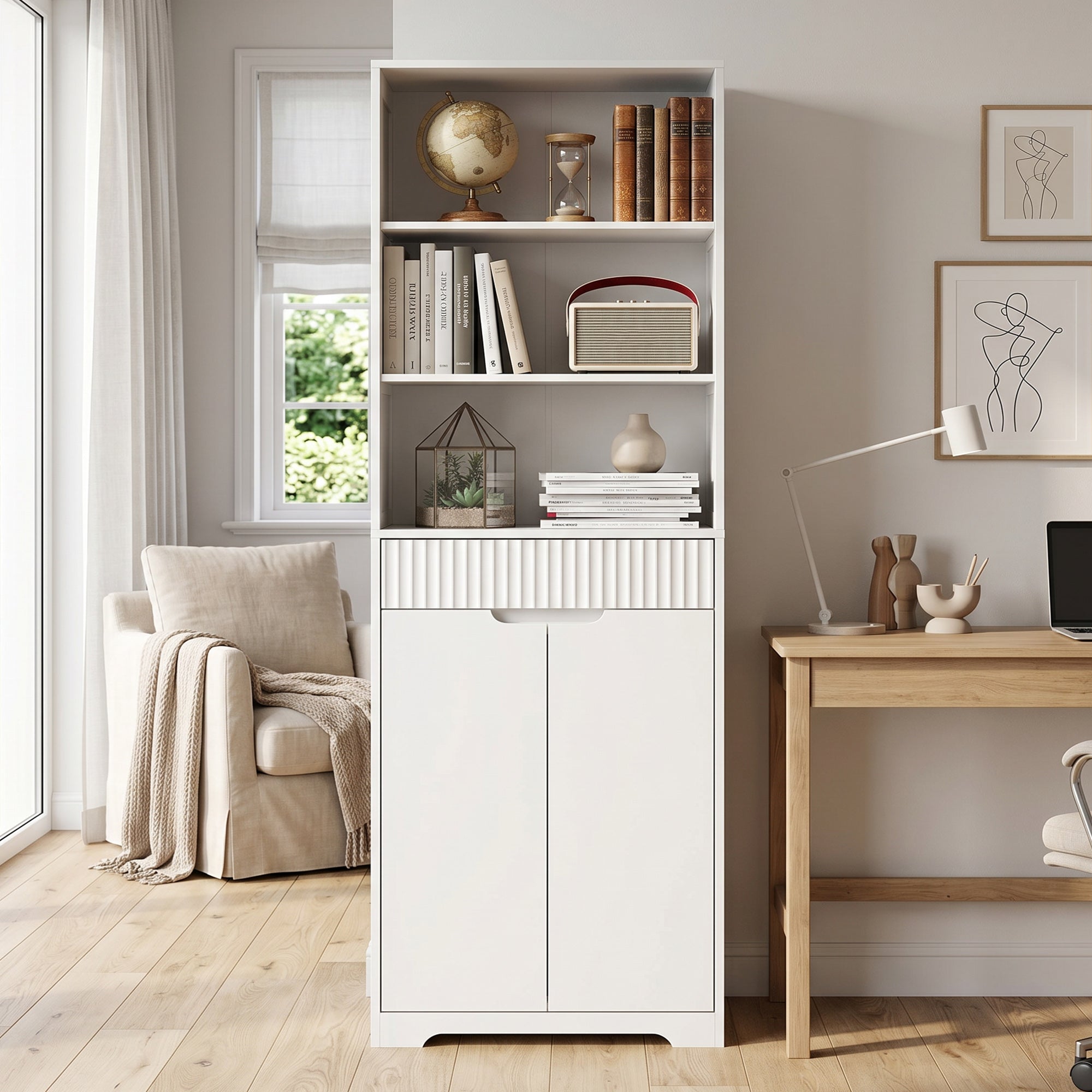 Meuble de salle de bain haut, meuble de rangement avec 2 portes à fermeture douce, tiroir, 3 compartiments ouverts et étagères réglables, style moderne, pour salon, chambre, 60x30x171cm, blanc