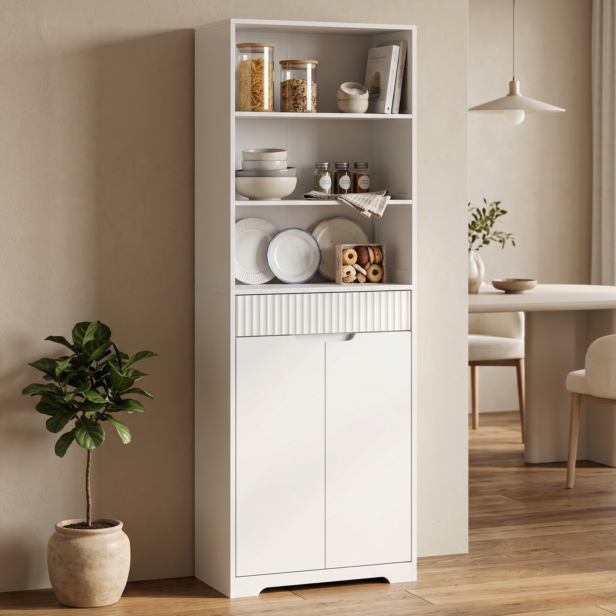 Meuble de salle de bain haut, meuble de rangement avec 2 portes à fermeture douce, tiroir, 3 compartiments ouverts et étagères réglables, style moderne, pour salon, chambre, 60x30x171cm, blanc