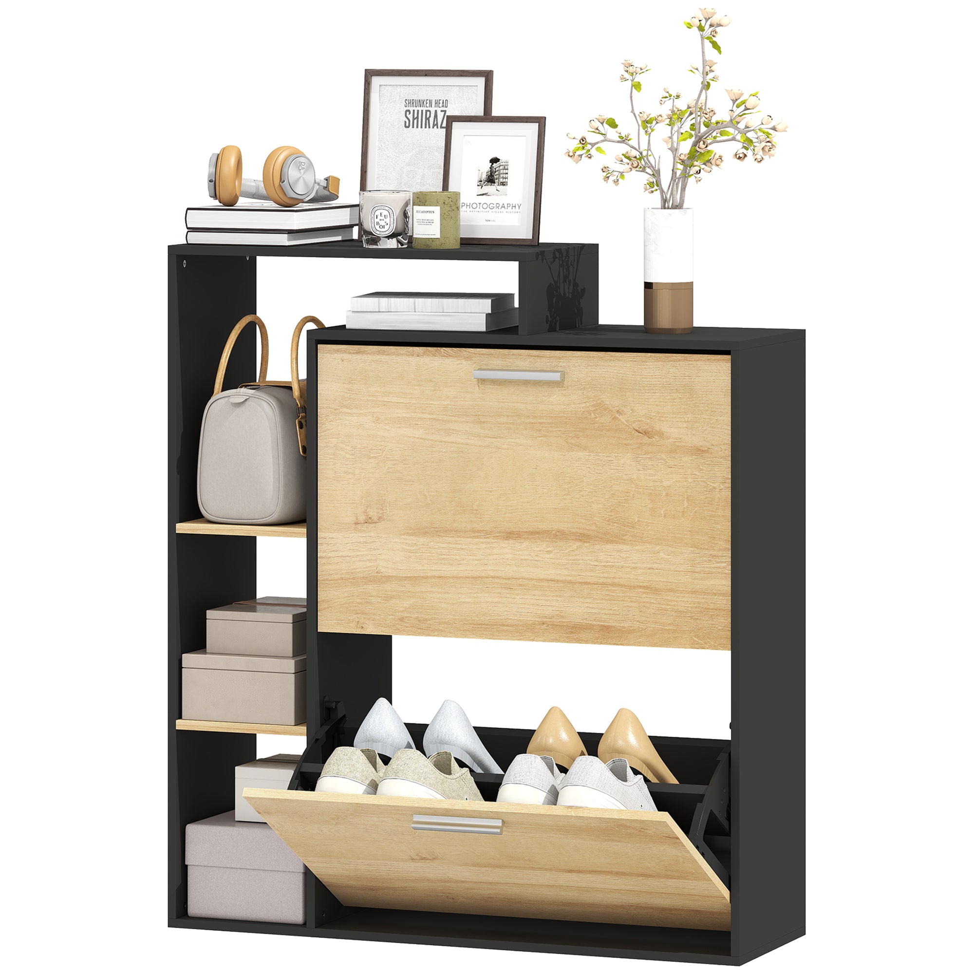 Meuble à chaussures 8 paires, armoire à chaussures étroite avec 2 tiroirs rabattables, 3 compartiments ouverts et étagères réglables, style moderne, pour couloir, entrée, 80x26x90cm, noir
