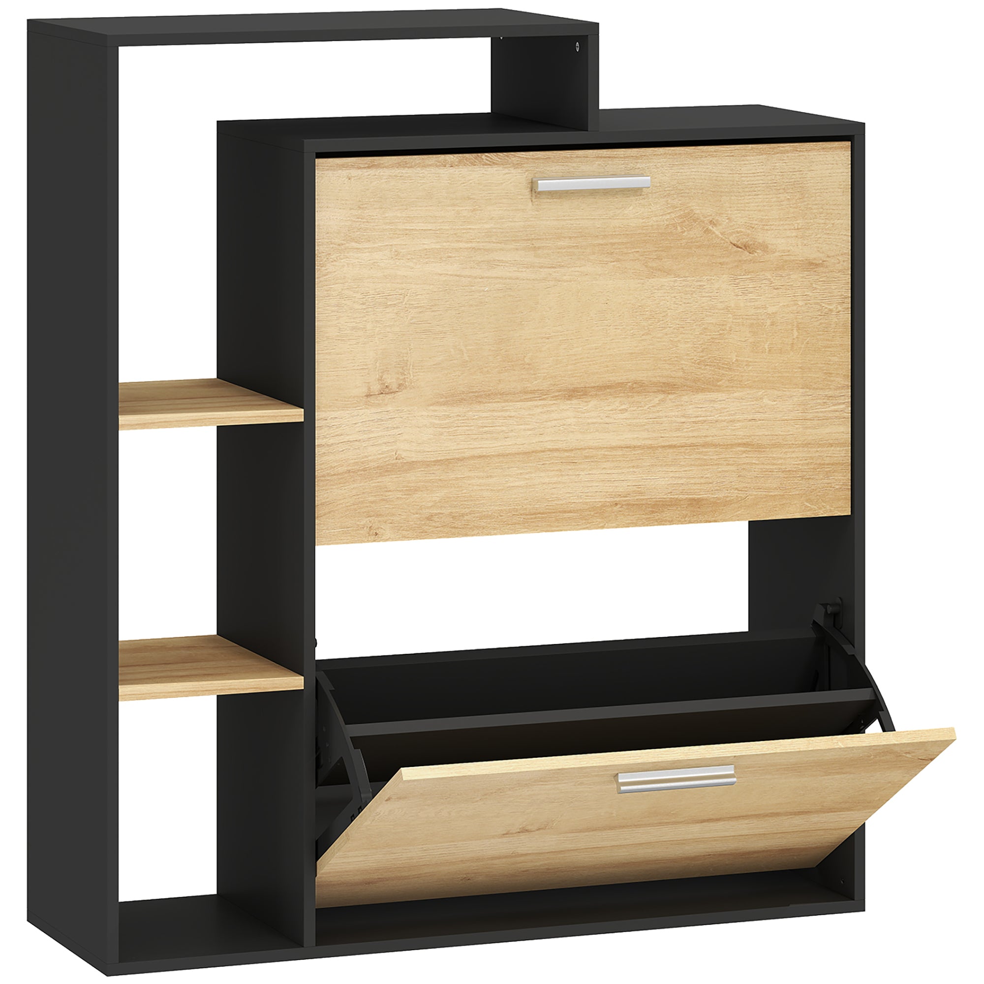 Meuble à chaussures 8 paires, armoire à chaussures étroite avec 2 tiroirs rabattables, 3 compartiments ouverts et étagères réglables, style moderne, pour couloir, entrée, 80x26x90cm, noir