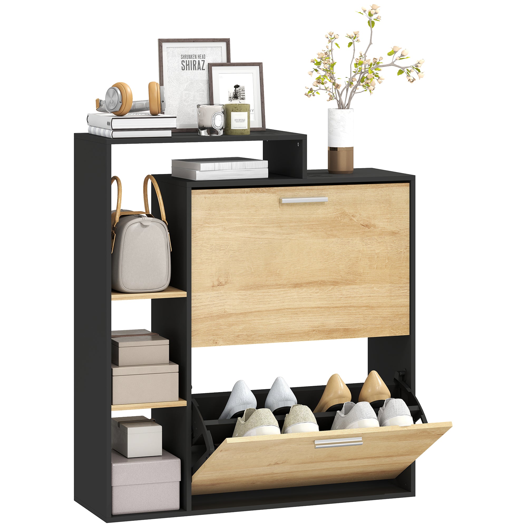 Meuble à chaussures 8 paires, armoire à chaussures étroite avec 2 tiroirs rabattables, 3 compartiments ouverts et étagères réglables, style moderne, pour couloir, entrée, 80x26x90cm, noir