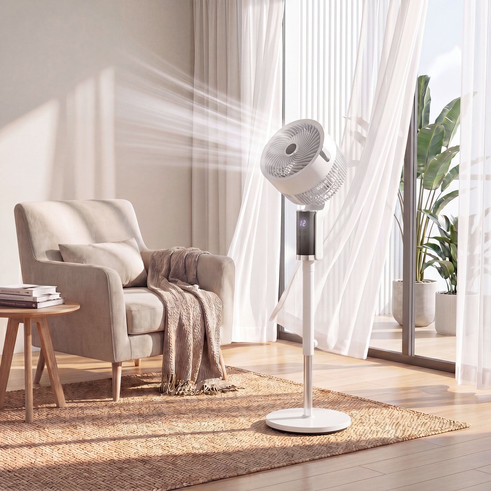 Ventilateur sur pied silencieux 20 dB pour chambre, télécommande, circulateur d'air, oscillation 90°, 8 vitesses, minuterie 12H, lumière LED, hauteur réglable, blanc