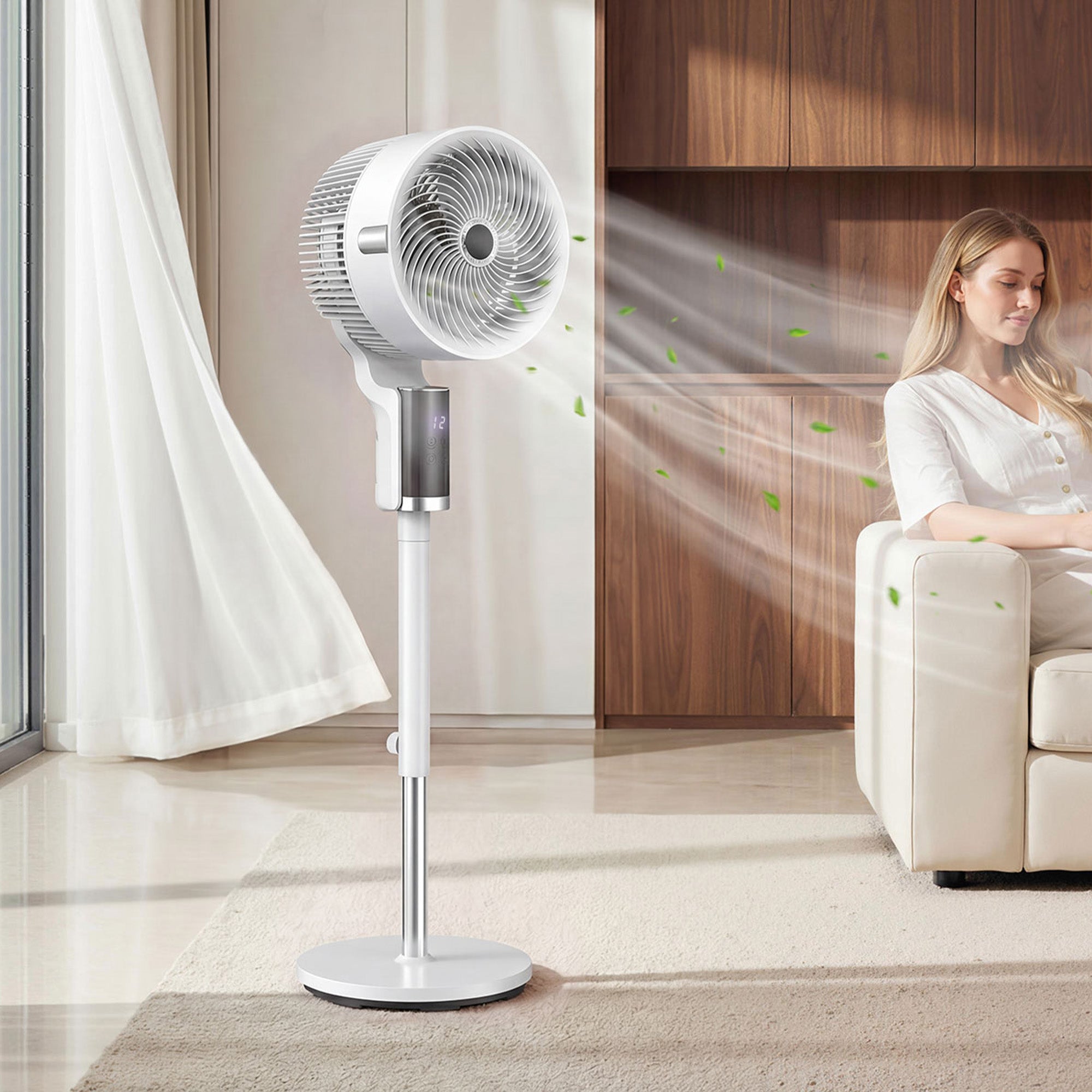 Ventilateur sur pied silencieux 20 dB pour chambre, télécommande, circulateur d'air, oscillation 90°, 8 vitesses, minuterie 12H, lumière LED, hauteur réglable, blanc