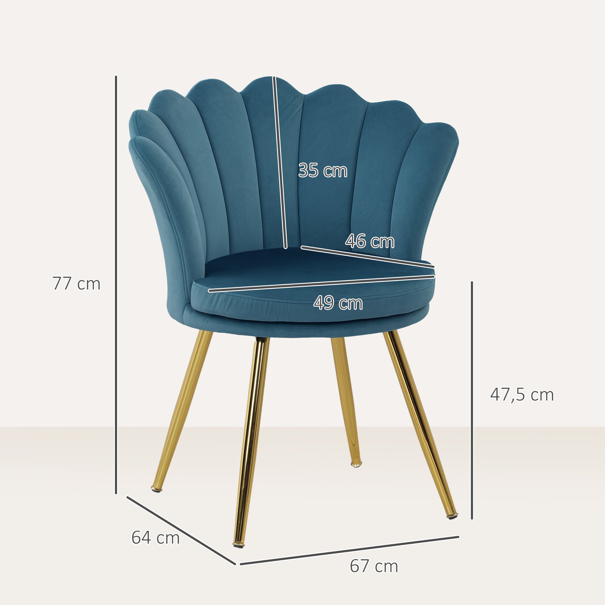 Fauteuil coquillage chaise coiffeuse fauteuil en velours avec pieds en métal doré pour salon chambre et salle à manger 67l x 64P x 77H cm bleu