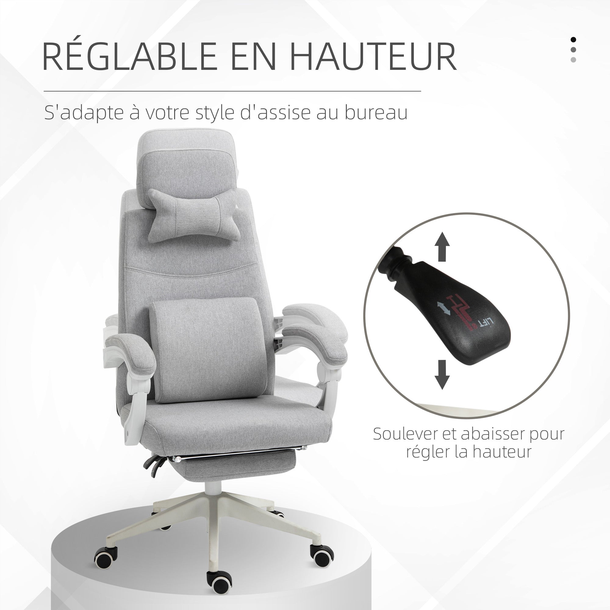 Fauteuil de bureau chaise de bureau grand confort dossier réglable repose-pied roulettes 360° lin 62 x 68 x 127 cm gris