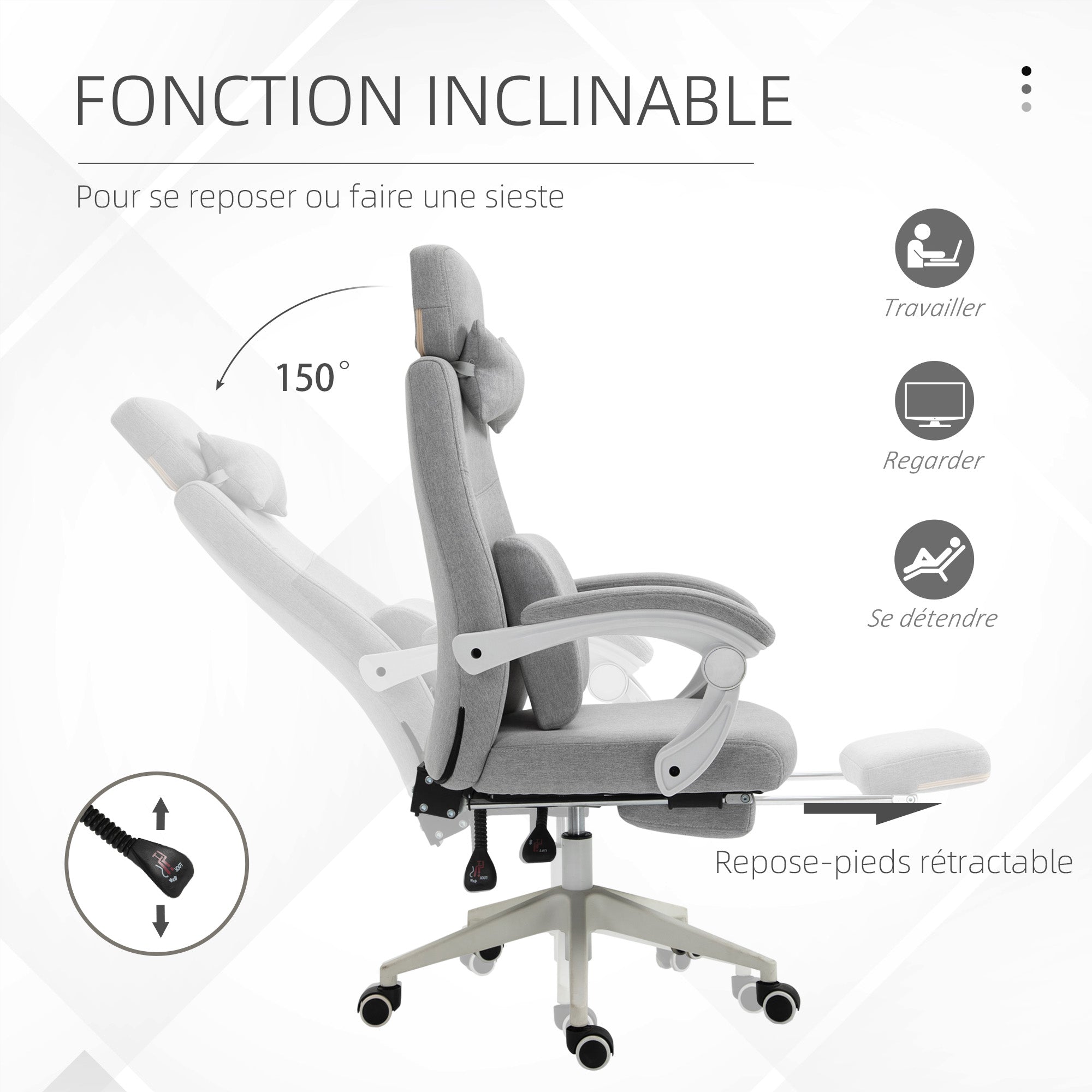 Fauteuil de bureau chaise de bureau grand confort dossier réglable repose-pied roulettes 360° lin 62 x 68 x 127 cm gris