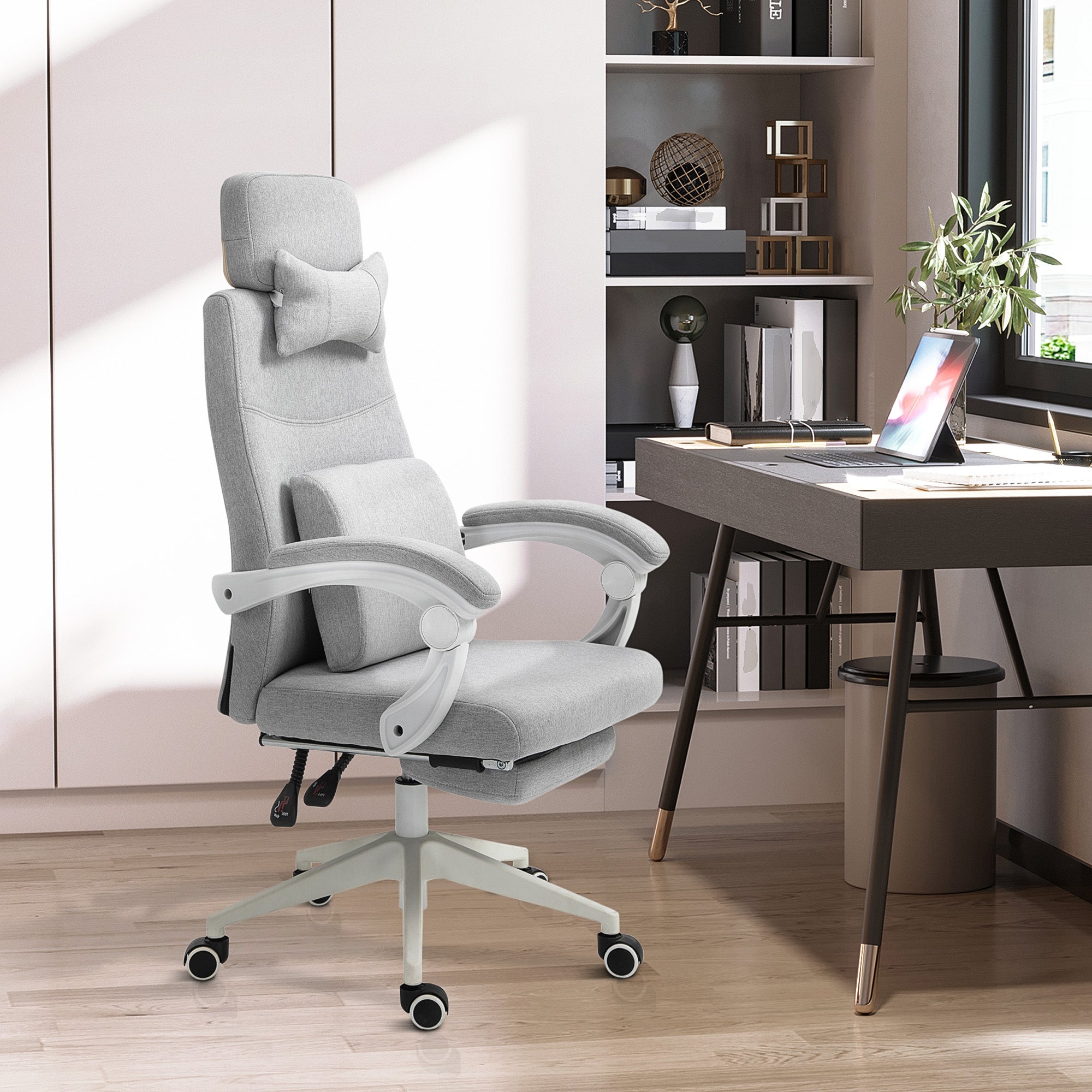 Fauteuil de bureau chaise de bureau grand confort dossier réglable repose-pied roulettes 360° lin 62 x 68 x 127 cm gris