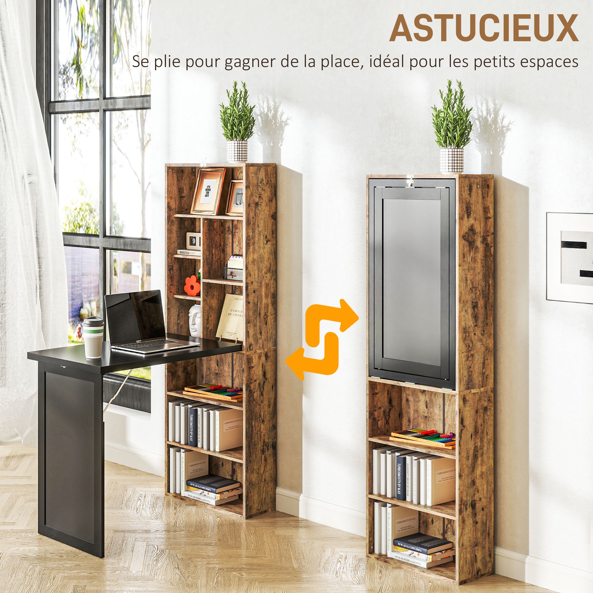 Bureau informatique pliable, bureau avec bibliothèque, poste de travail, tableau noir, 9 compartiments ouverts et étagère réglable, table d'ordinateur pour chambre, 98x51x153cm, brun rustique