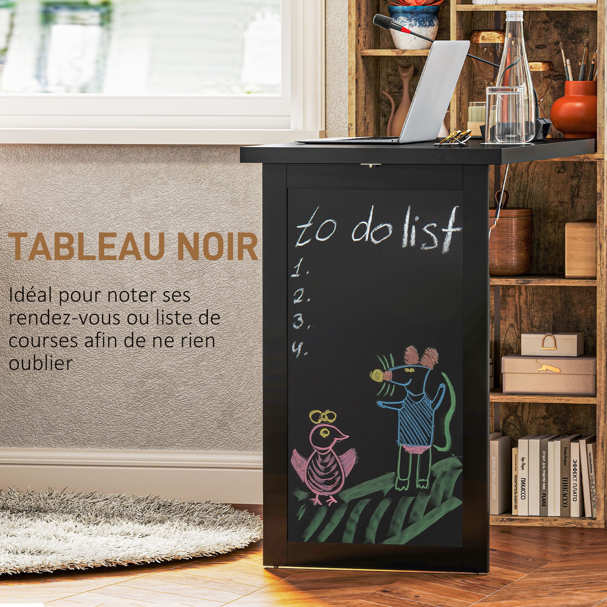 Bureau informatique pliable, bureau avec bibliothèque, poste de travail, tableau noir, 9 compartiments ouverts et étagère réglable, table d'ordinateur pour chambre, 98x51x153cm, brun rustique